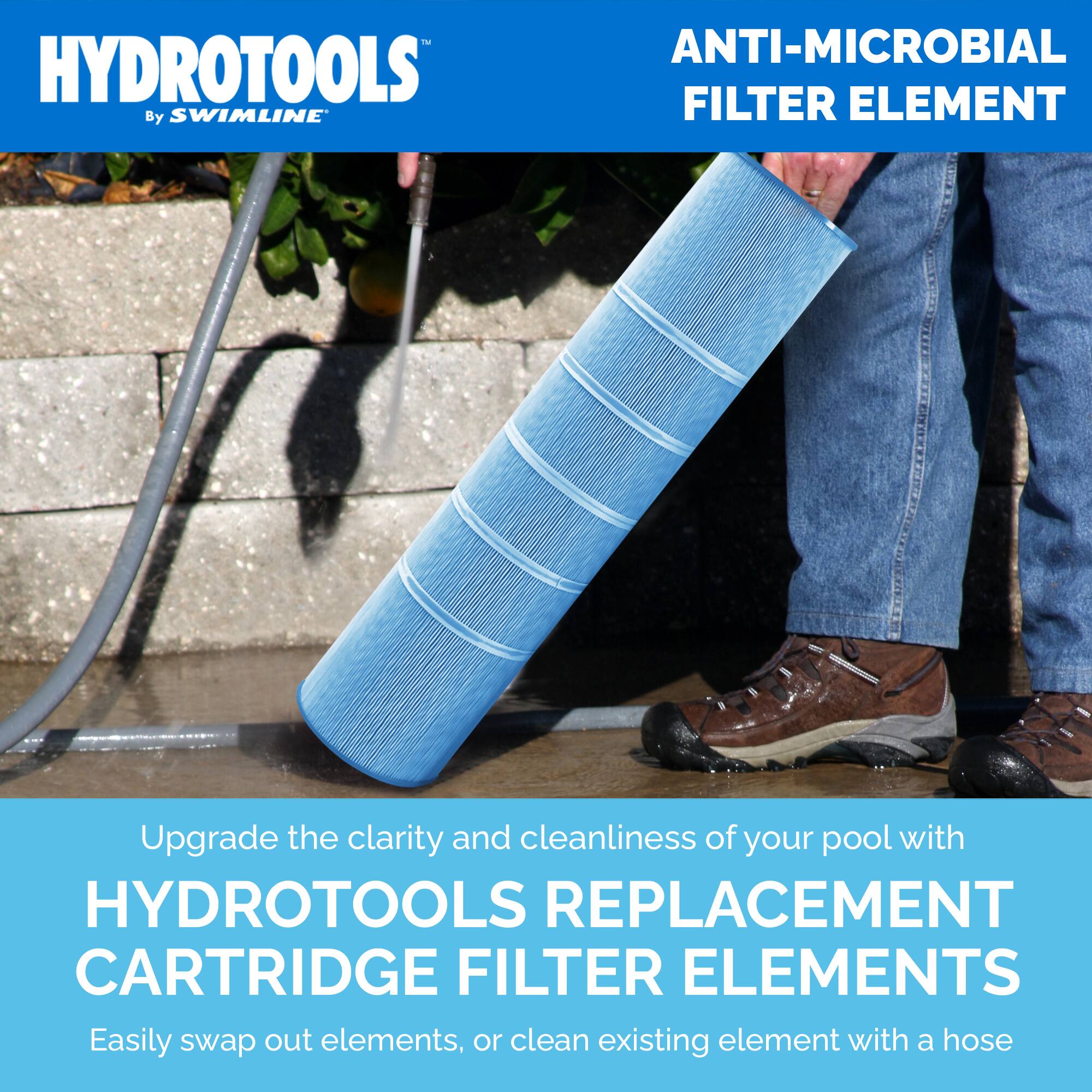 HYDROTOOLS  
By SWIMLINE™  

ANTI-MICROBIAL FILTER ELEMENT  

Upgrade the clarity and cleanliness of your pool with  
HYDROTOOLS REPLACEMENT CARTRIDGE FILTER ELEMENTS  

Easily swap out elements, or clean existing element with a hose
