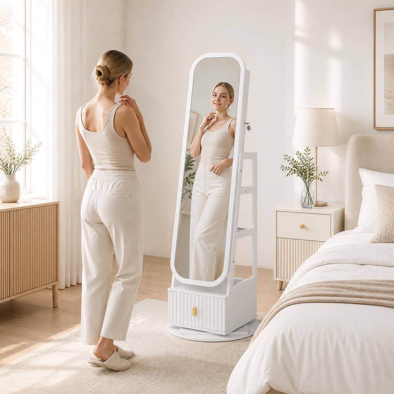 Alt View 1. Costway - Costway 360° Swivel Jewelry Cabinet with Full-Length Mirror & Dual Hooks, Storage Shelves.
