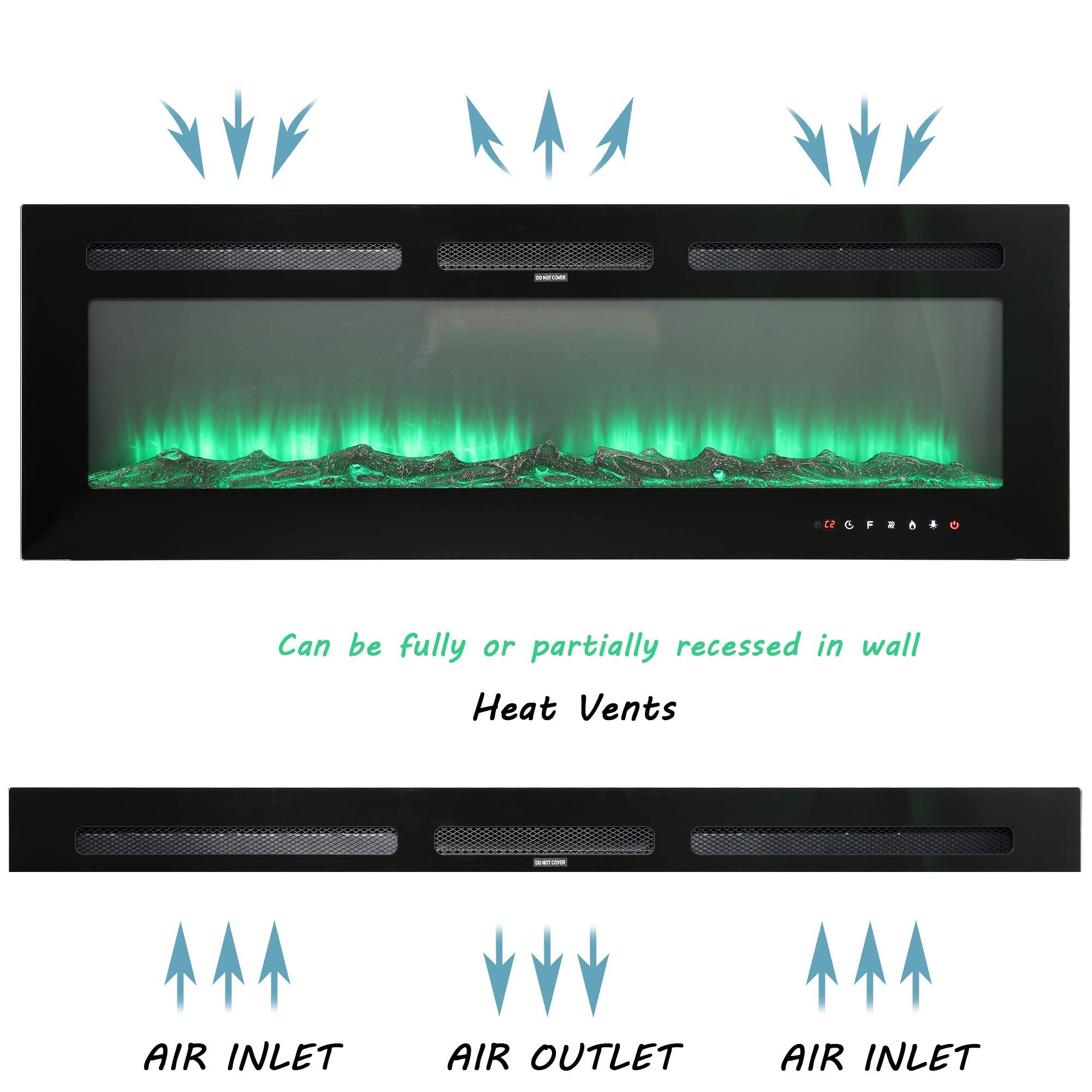Can be fully or partially recessed in wall, Heat Vents, AIR INLET, AIR OUTLET, AIR INLET