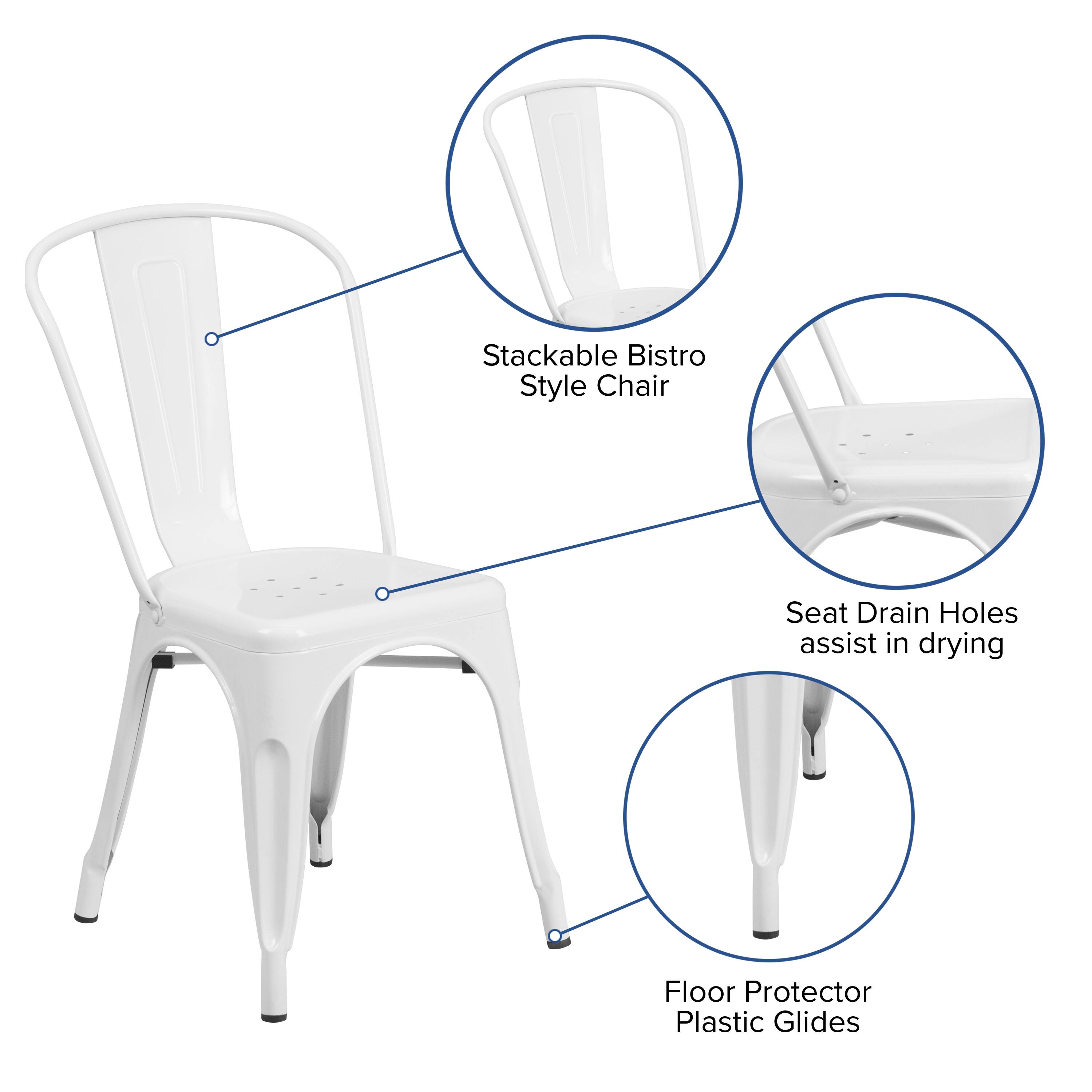 Stackable Bistro Style Chair Seat Drain Holes assist in drying Floor Protector Plastic Glides