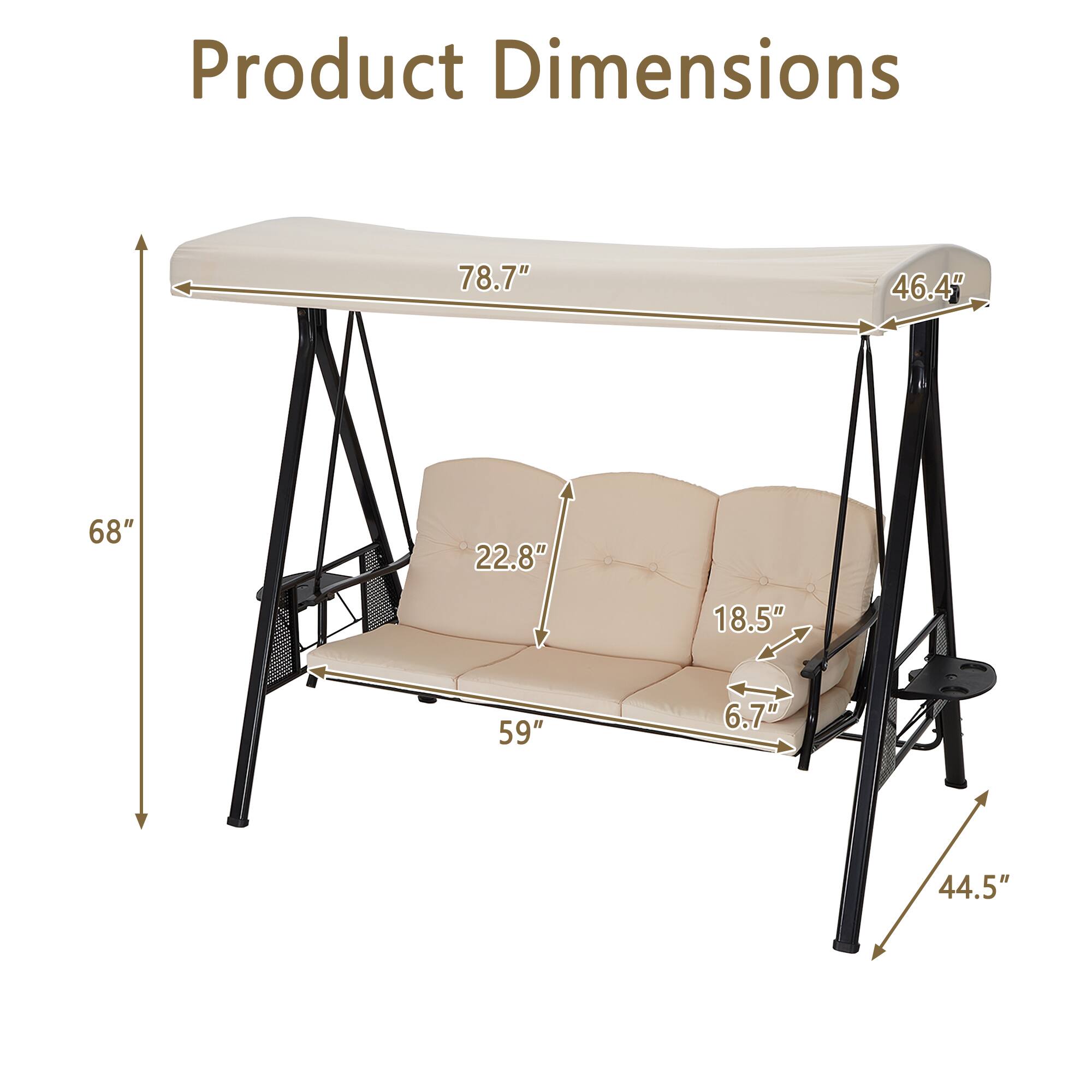 Product Dimensions

- Length: 78.7"
- Width: 46.4"
- Height: 68"
- Seat Depth: 22.8"
- Seat Width: 59"
- Armrest Height: 18.5"
- Armrest Width: 6.7"
- Overall Height: 44.5"