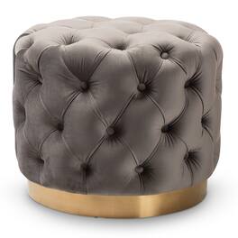 Baxton Studio - Valeria Glam Velvet Fabric Upholstered Gold-Finished Button Tufted Ottoman - Gray/Gold