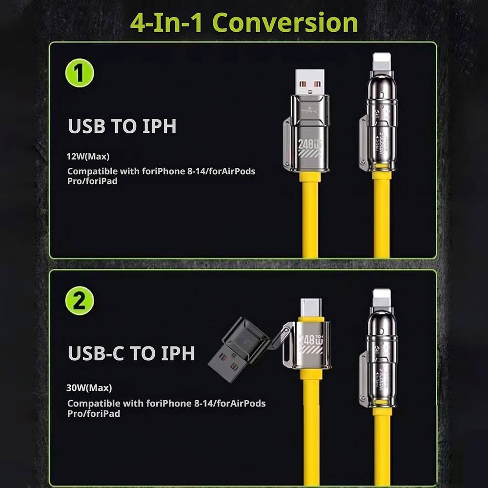 4-In-1 Conversion

1. USB TO IPH
   - 12W(Max)
   - Compatible with foriPhone 8-14/forAirPods Pro/foriPad

2. USB-C TO IPH
   - 30W(Max)
   - Compatible with foriPhone 8-14/forAirPods Pro/foriPad