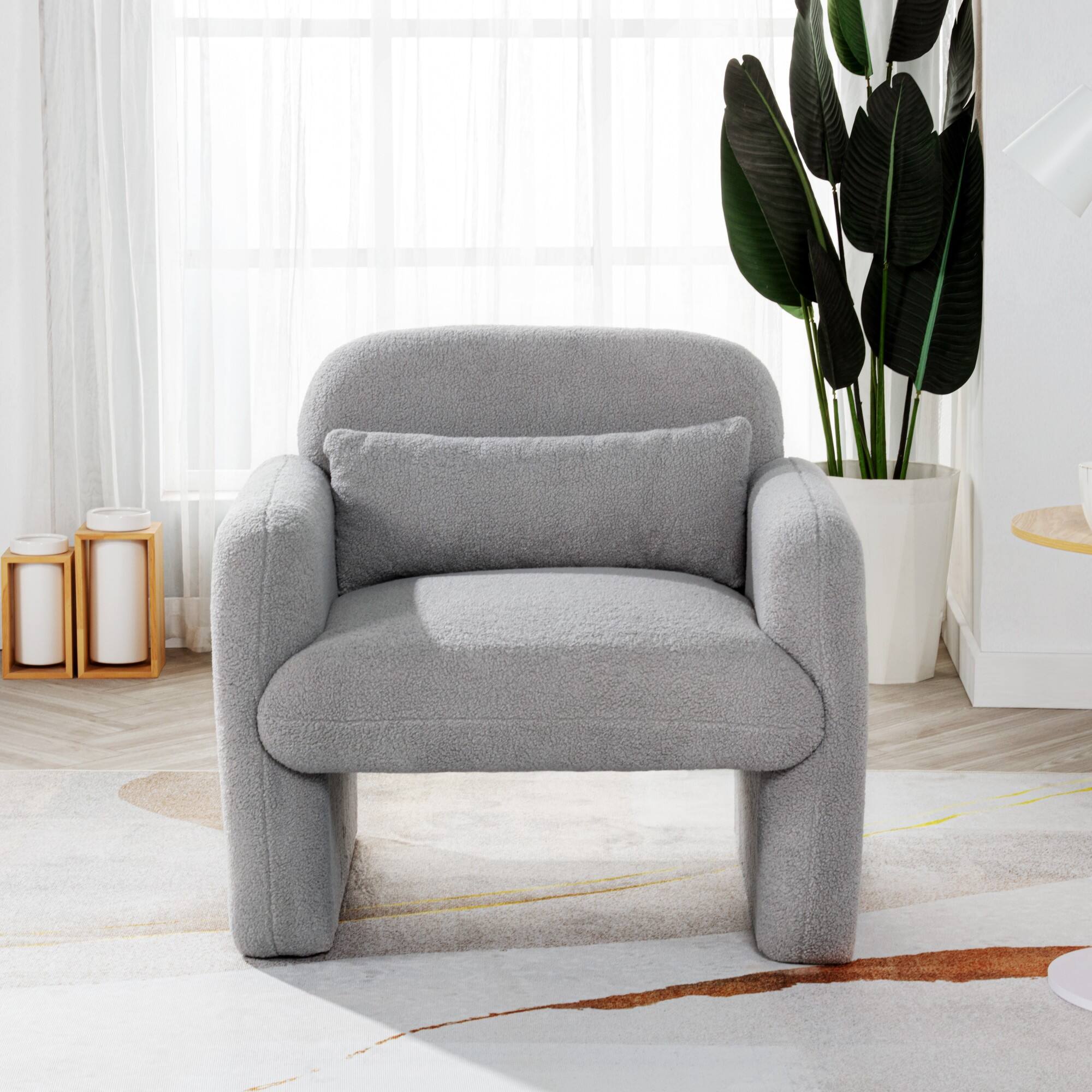 Angle. GOODSILO - Minimalist Teddy Fleece Single Sofa Chair with Arms and Pillow for Living Room, Bedroom, Study - Gray.