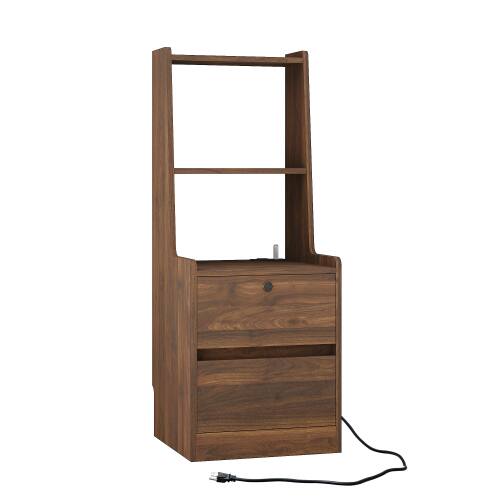 Angle. LUCKY ONE - Set of 2 Assembled Nightstands with Charging Station Voice Light USB Lock - Wood.