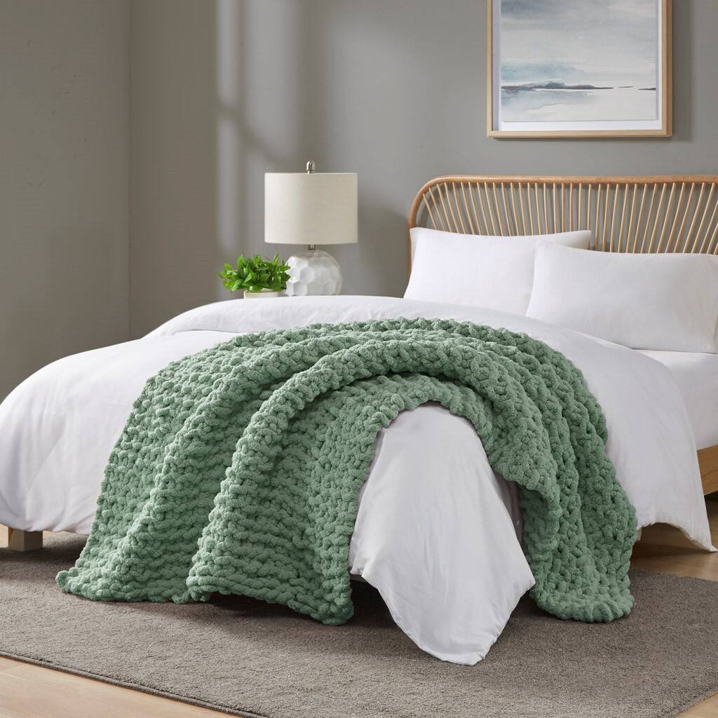 Alt View 2. Gracie Mills - Gracie Mills Dana Handmade Chenille Chunky Knit Throw Blanket - Sage Green.