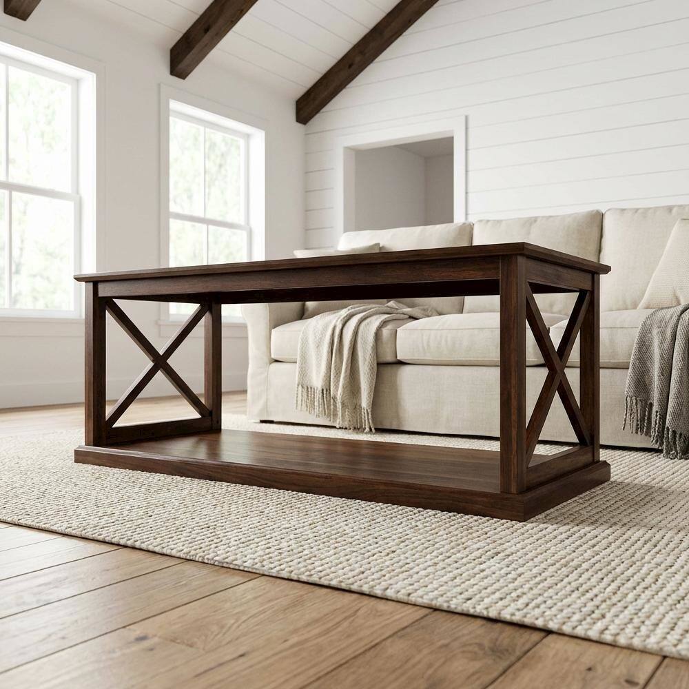 Left. FurniFact - Brown Wood Coffee Table with Shelf Storage and Sturdy Construction - Espresso.