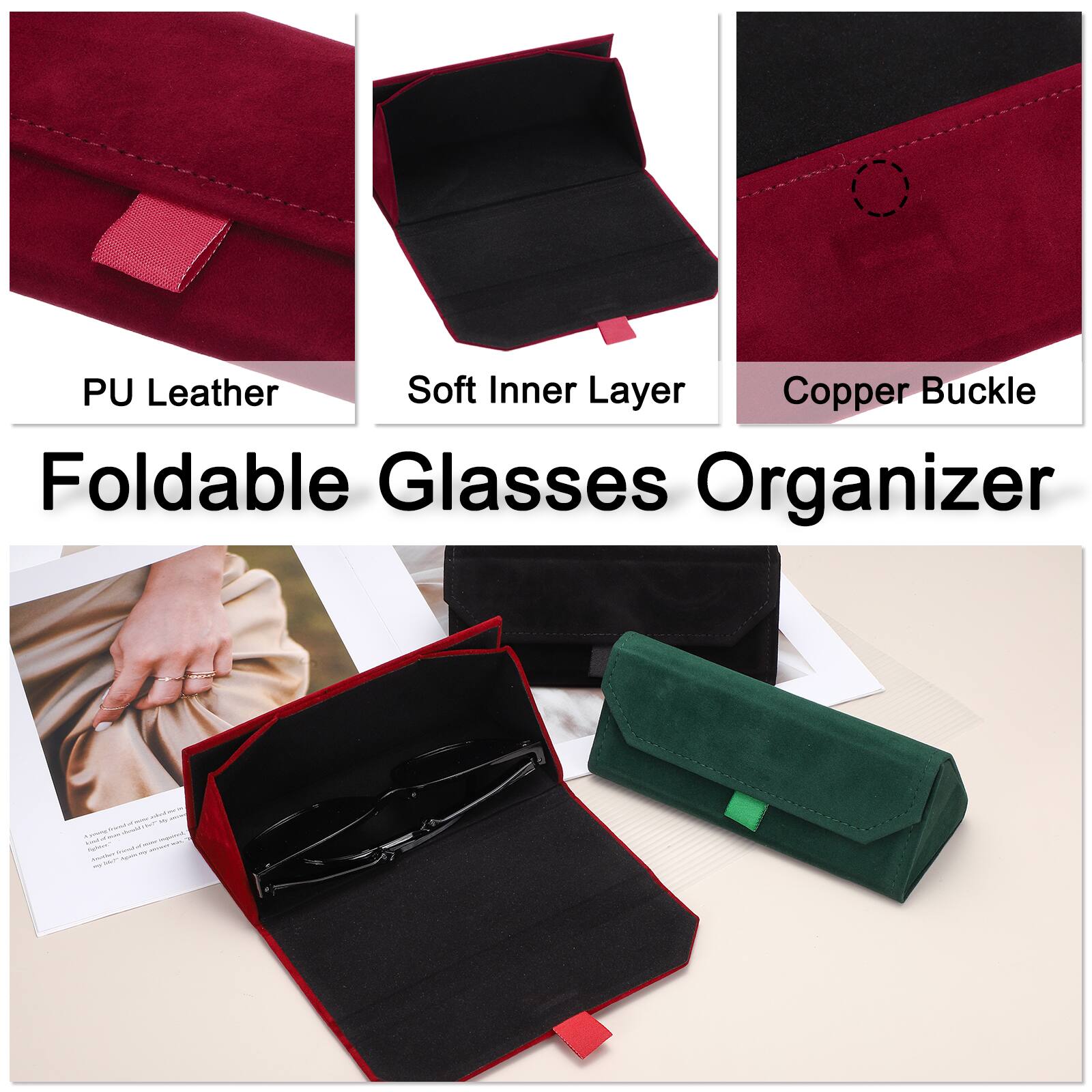 PU Leather Soft Inner Layer Copper Buckle Foldable Glasses Organizer