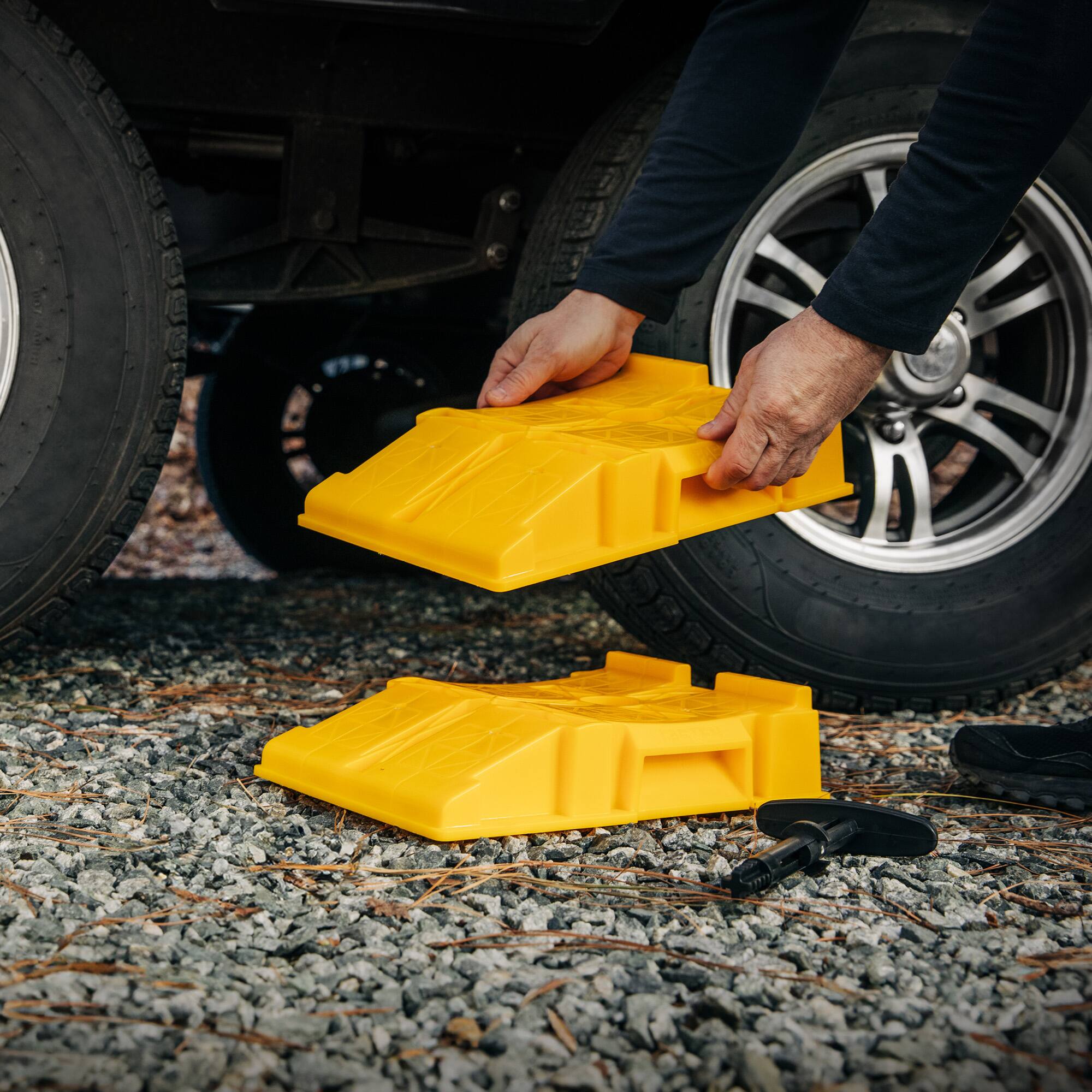 Alt View 5. Camco - Camco FasTen Premium RV Leveling Trailer Ramps with T-Handle, 2.5" Lift, 2-Pack.