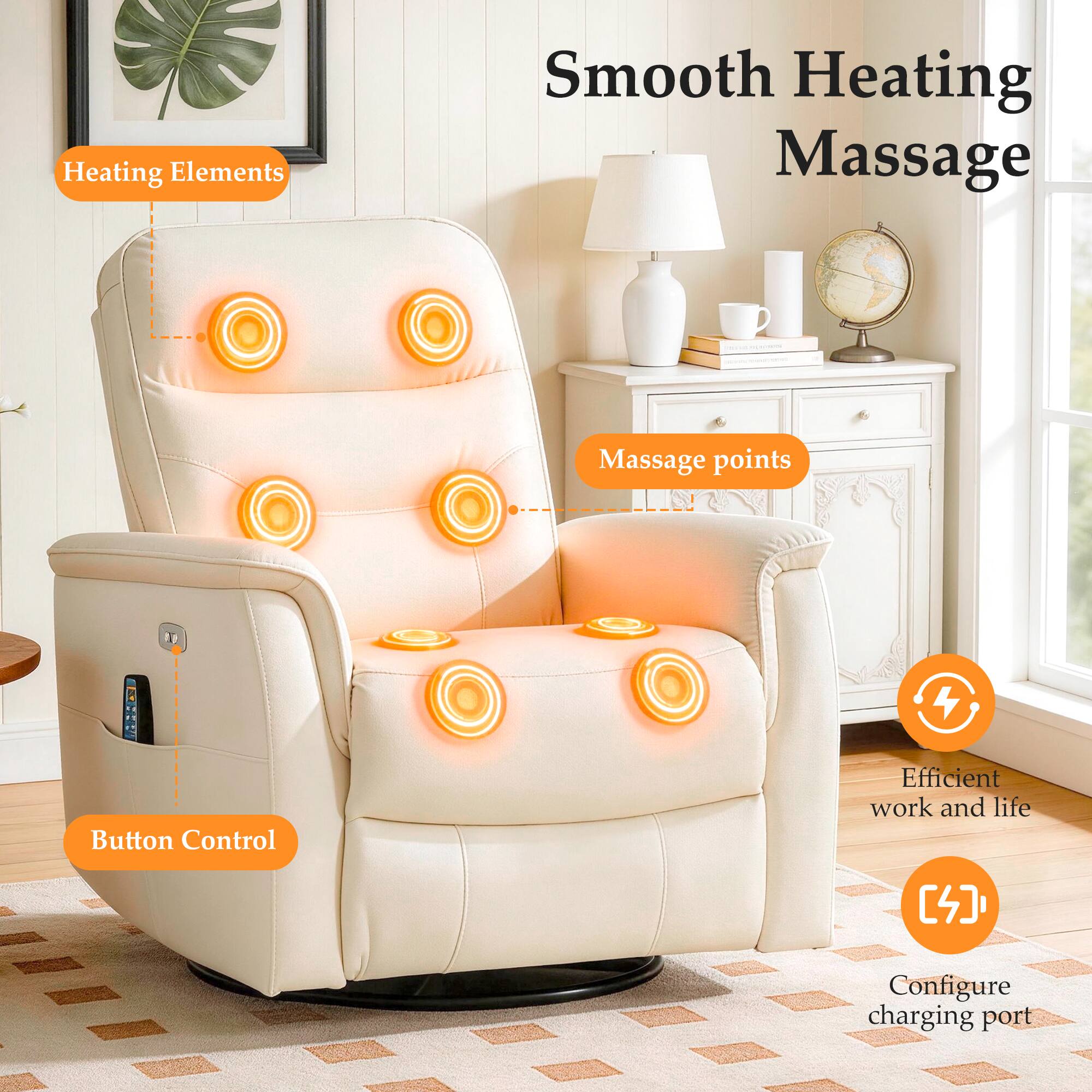 Heating Elements  
Smooth Heating Massage  
Massage points  
Button Control  
Efficient work and life  
Configure charging port