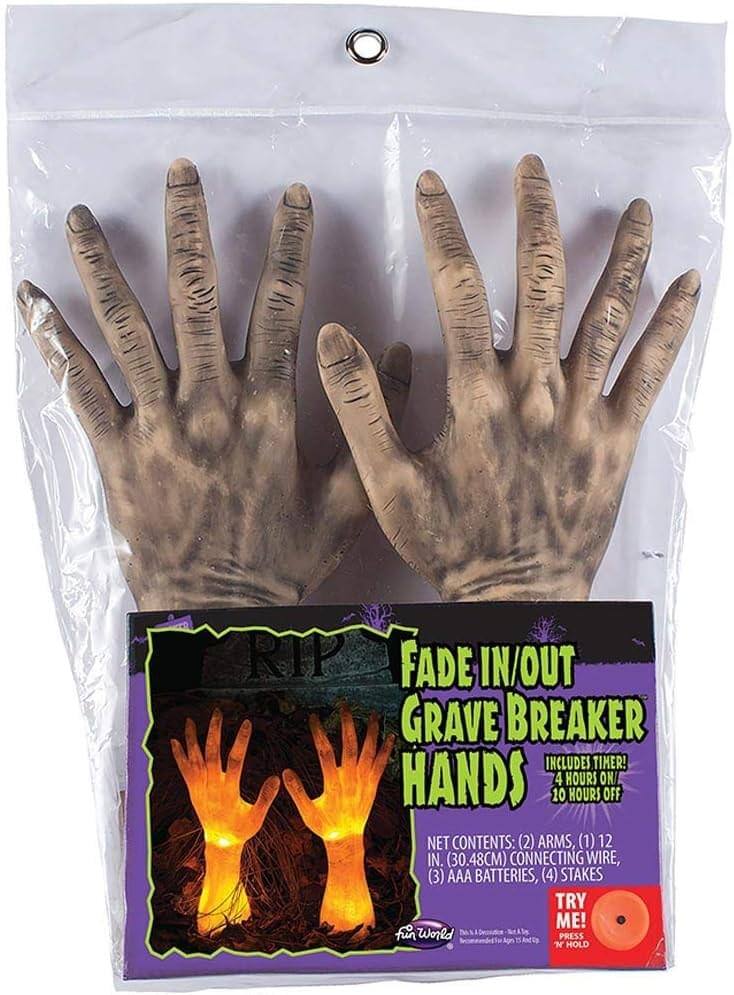 RIP FADE IN/OUT GRAVE BREAKER HANDS INCLUDES TIMER! 4 HOURS ON 10 HOURS OFF NET CONTENTS: (2) ARMS, (1) 12 IN. (30.48CM) CONNECTING WIRE, (3) AAA BATTERIES, (4) STAKES TRY ME! fun World PRESS N HOLD