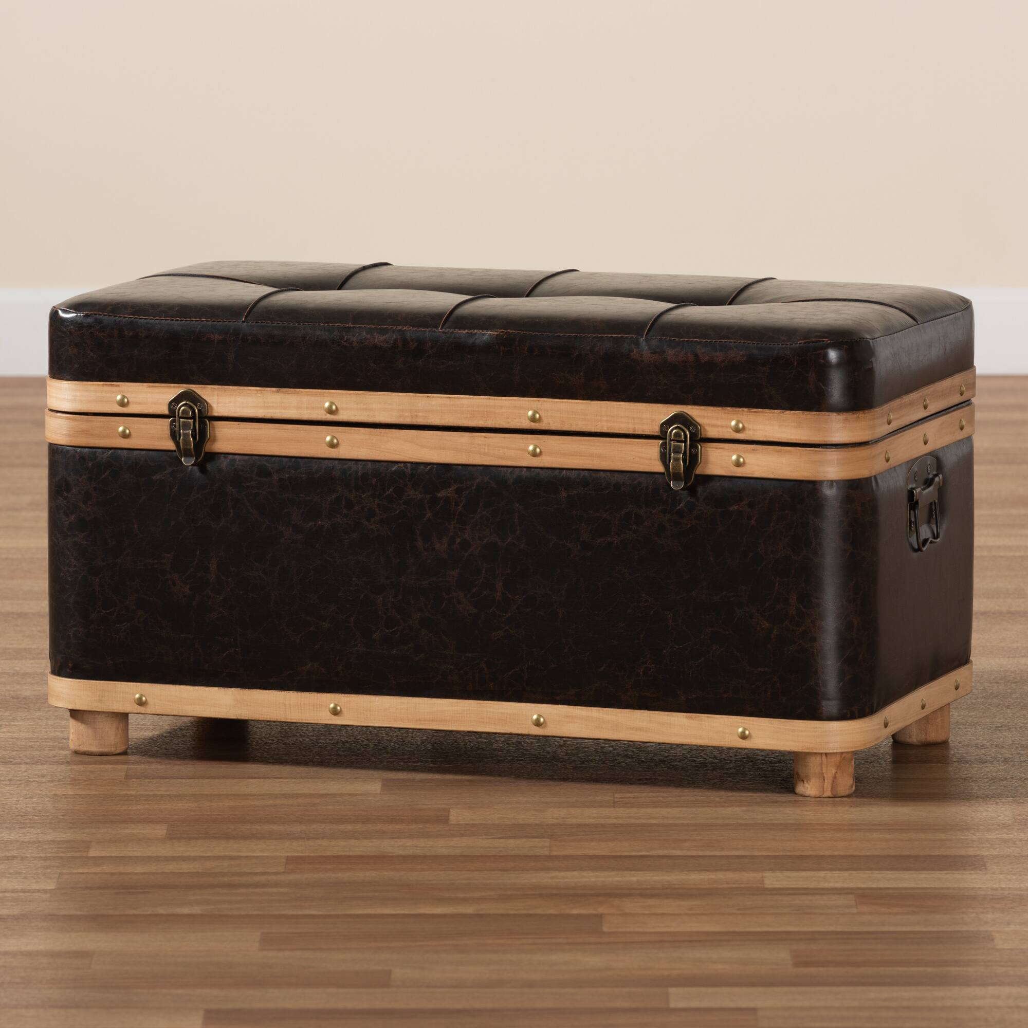 Alt View 8. Baxton Studio - Gendry Modern Rustic Transitional Faux Leather Upholstered and Oak Brown Finished Wood Large Storage Ottoman - Dark Brown/Oak Brown.