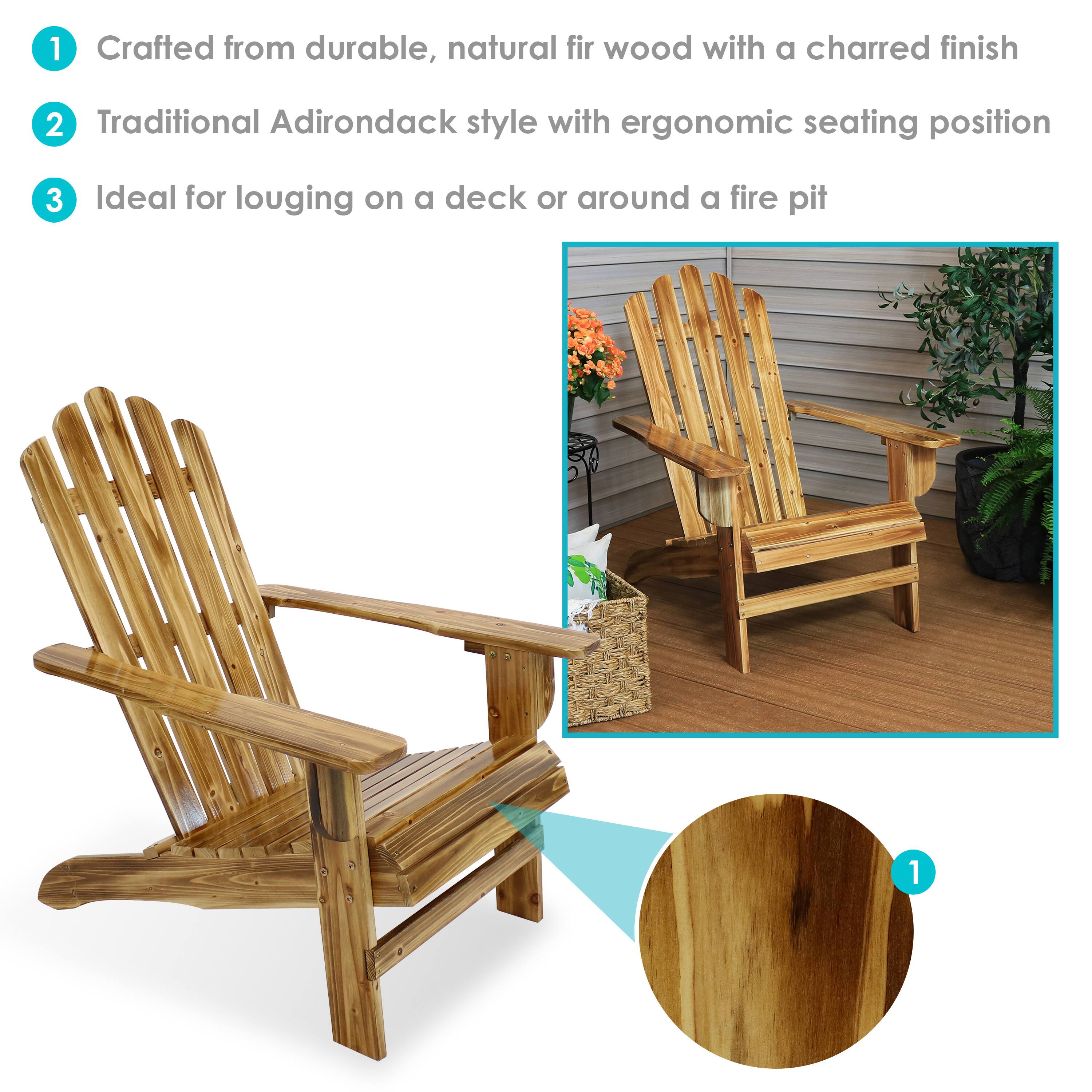 1. Crafted from durable, natural fir wood with a charred finish
2. Traditional Adirondack style with ergonomic seating position
3. Ideal for lounging on a deck or around a fire pit