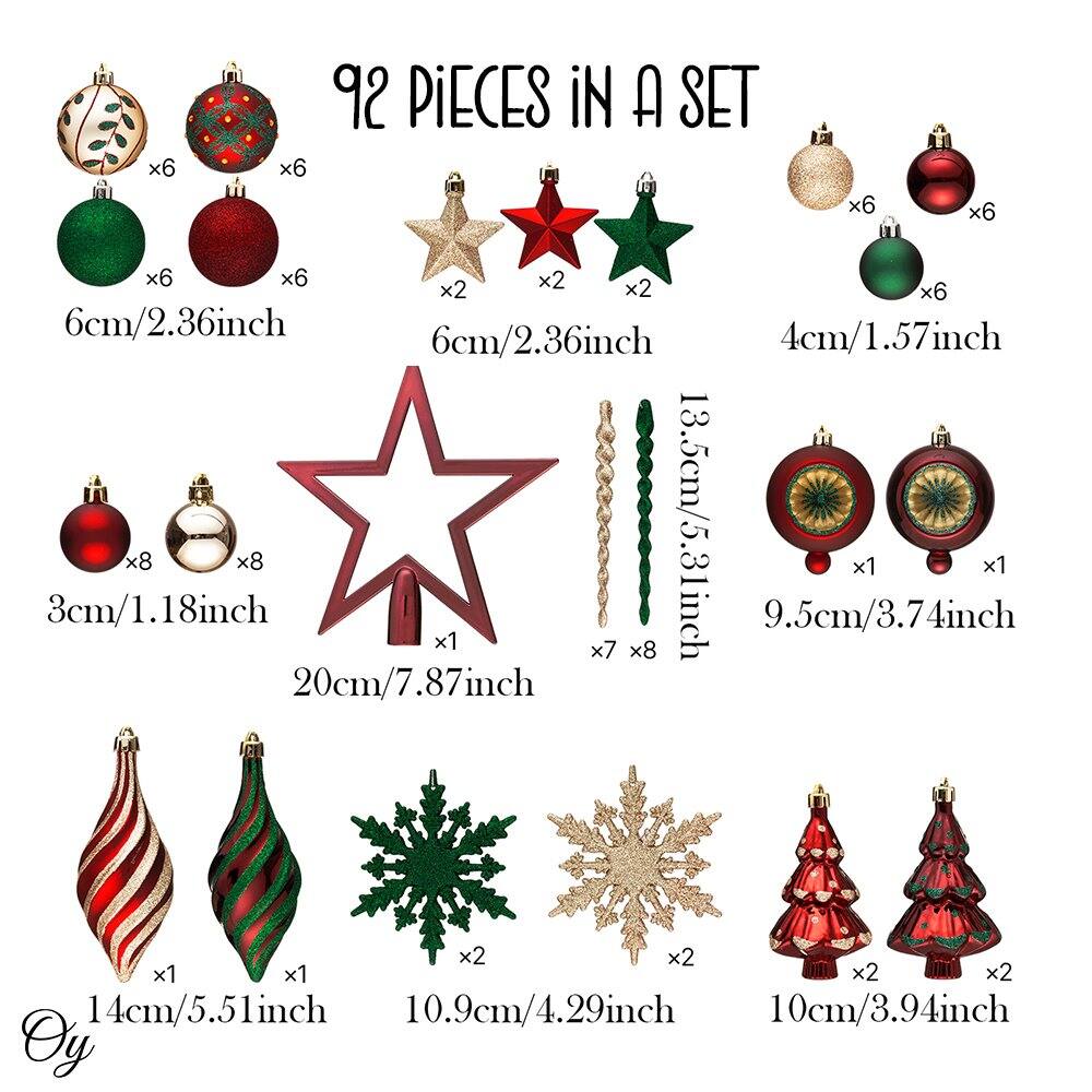 92 PIECES IN A SET

- 6cm/2.36inch
  - x6 (Green)
  - x6 (Red)
  - x6 (Gold)
  - x6 (Red with pattern)
  - x2 (Red star)
  - x2 (Green star)
  - x2 (Gold star)

- 4cm/1.57inch
  - x6 (Gold)
  - x6 (Red)
  - x6 (Green)

- 3cm/1.18inch
  - x8 (Red)
  - x8 (Gold)

- 13.5cm/5.31inch
  - x1 (Red)
  - x1 (Gold)

- 9.5cm/3.74inch
  - x7 (Gold)
  - x8 (Green)

- 20cm/7.87inch
  - x1 (Red star)

- 14cm/5.51inch
  - x1 (Red and white striped)
  - x1 (Green and white striped)

- 10.9cm/4.29inch
  - x2 (