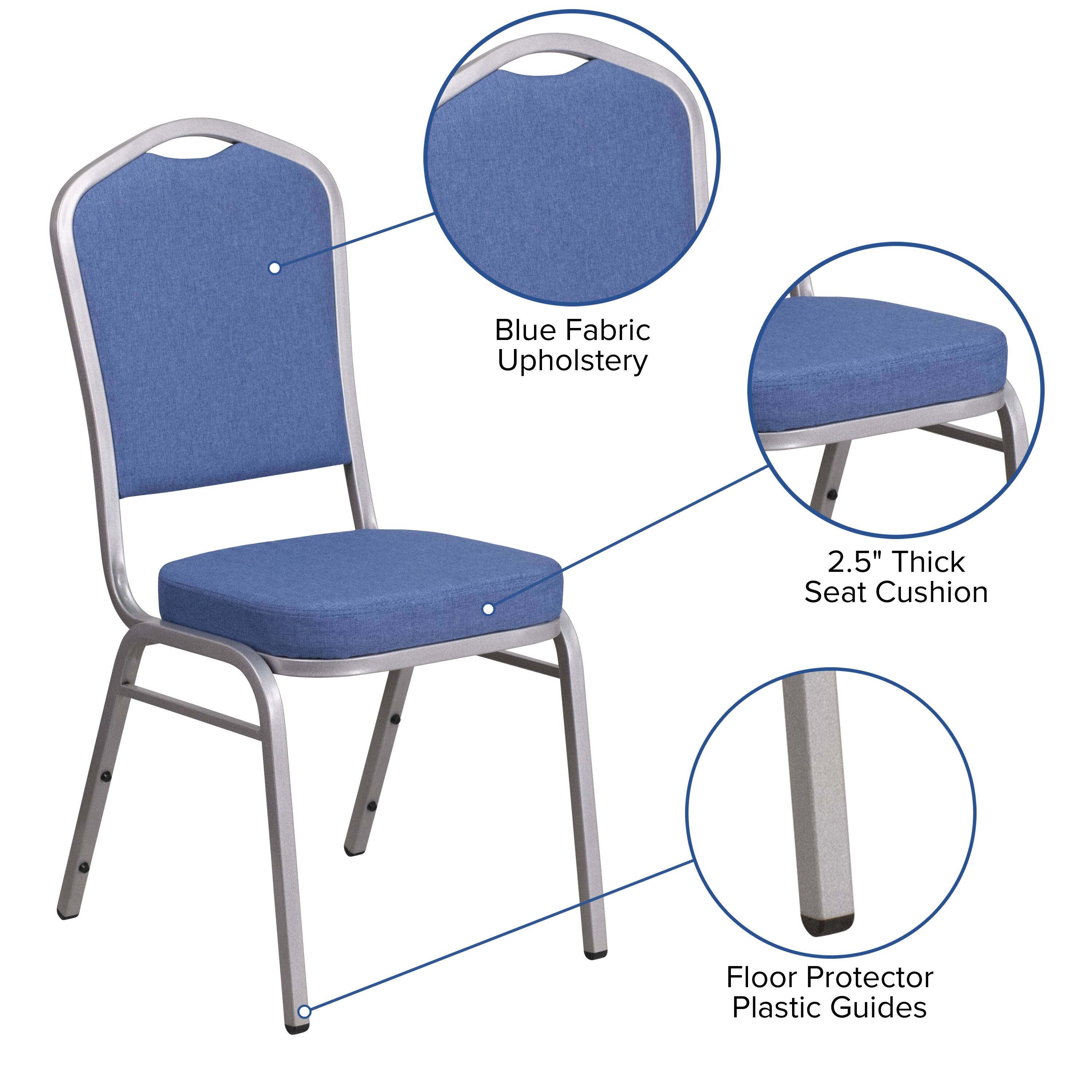Blue Fabric Upholstery  
2.5" Thick Seat Cushion  
Floor Protector Plastic Guides