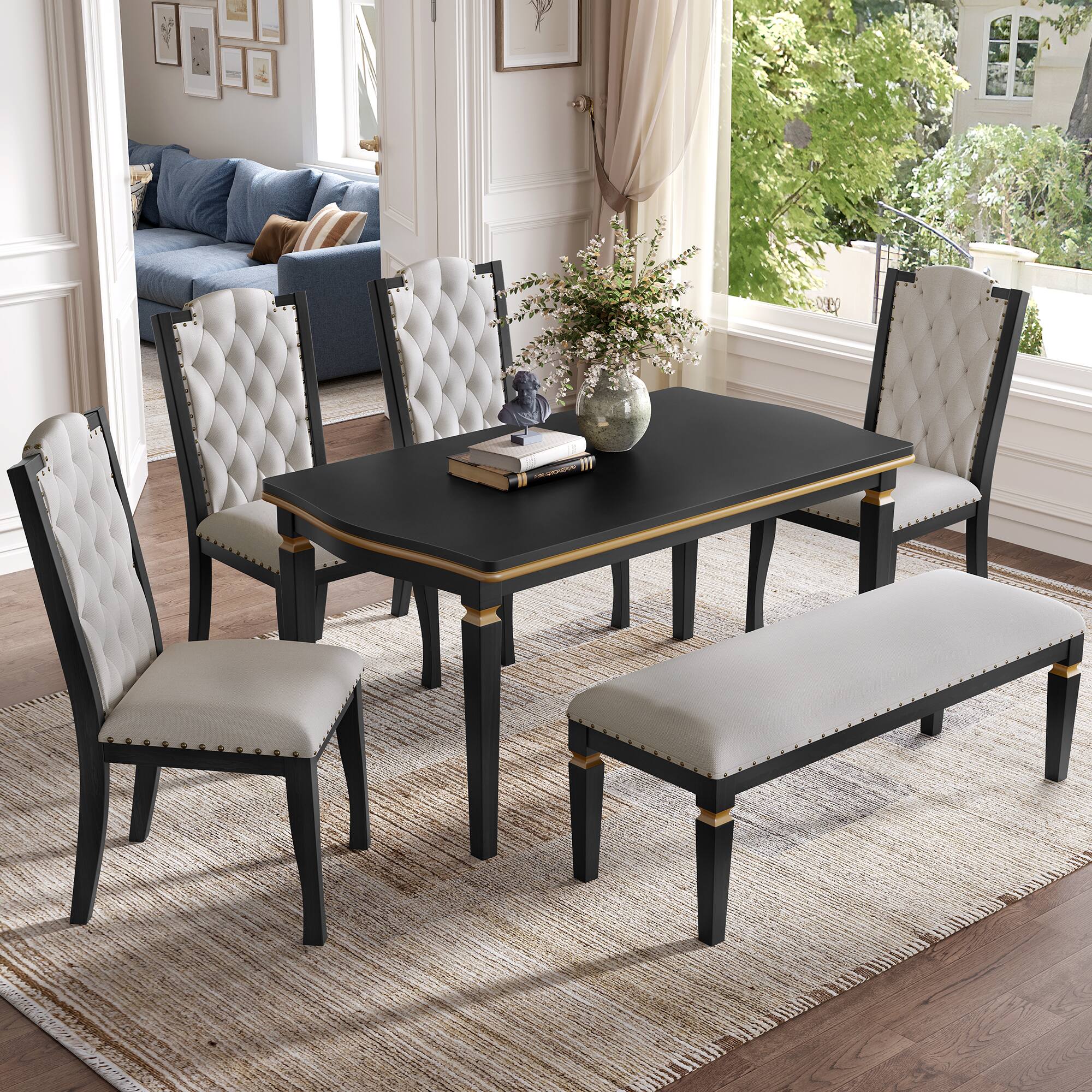 Angle. TinyHomie - 6-Piece Kitchen Dining Table Set 60in Rectangular Table and 4 High-Back Tufted Chairs and 1 Bench - Black.