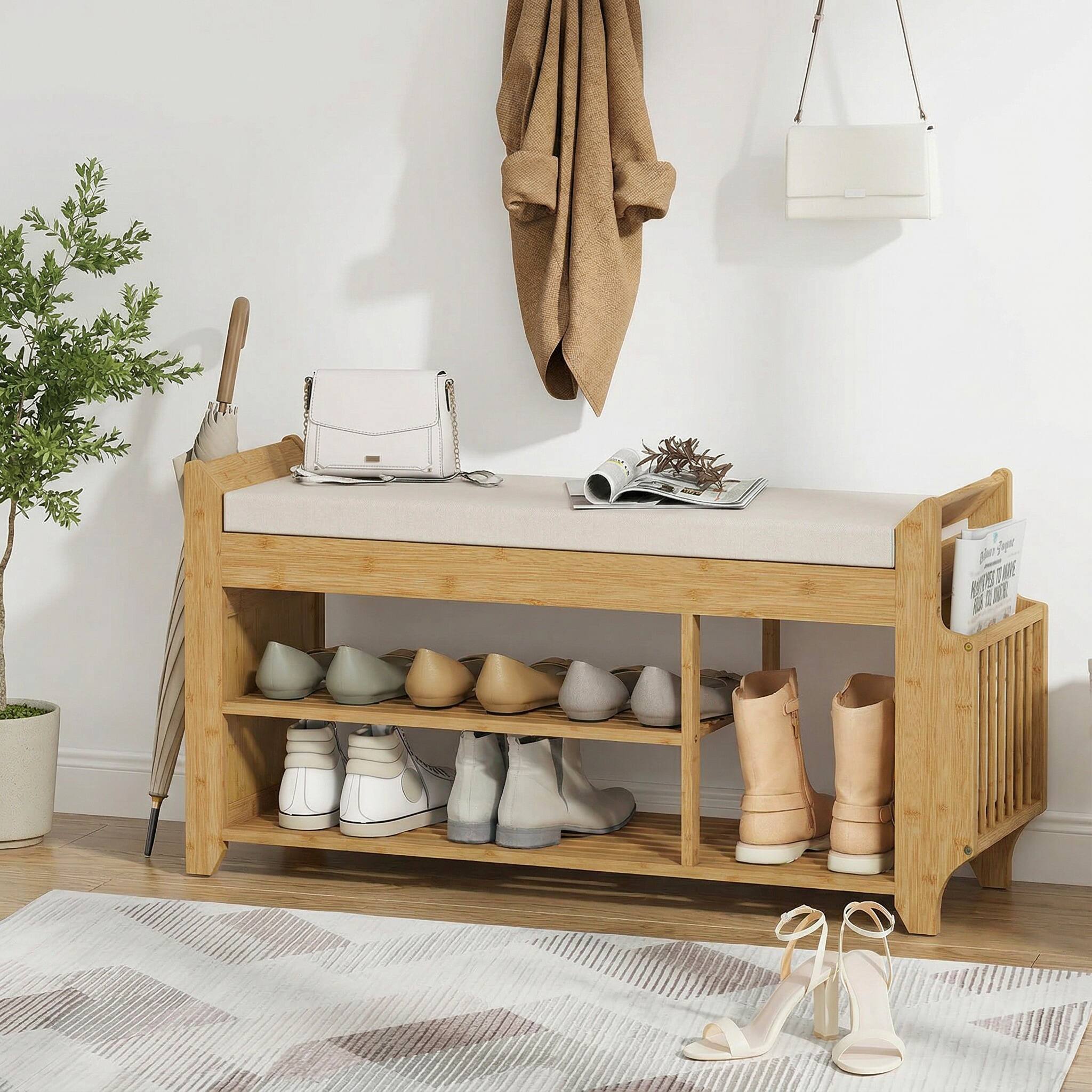 Alt View 7. Homcom - Bench with Cushioned Seat Shoe Storage Bench with Side Umbrella Holder for Entryway Natural and - Natural and Cream.