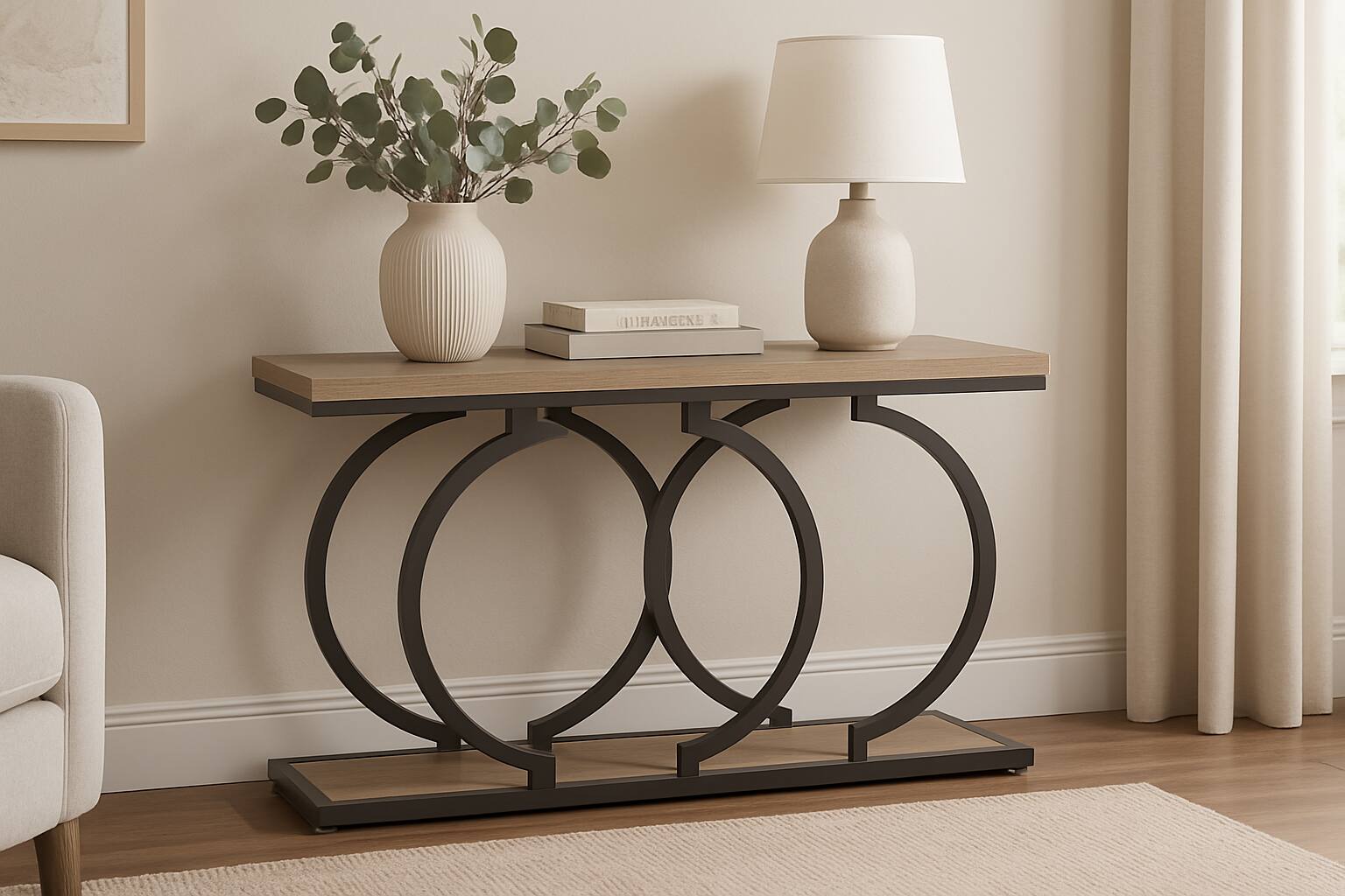 Angle. TinyHomie - Industrial Console Table 55in - Narrow Long Entryway Sofa Table with Geometric Metal Frame and Vintage Grey Wood Top - Grey.