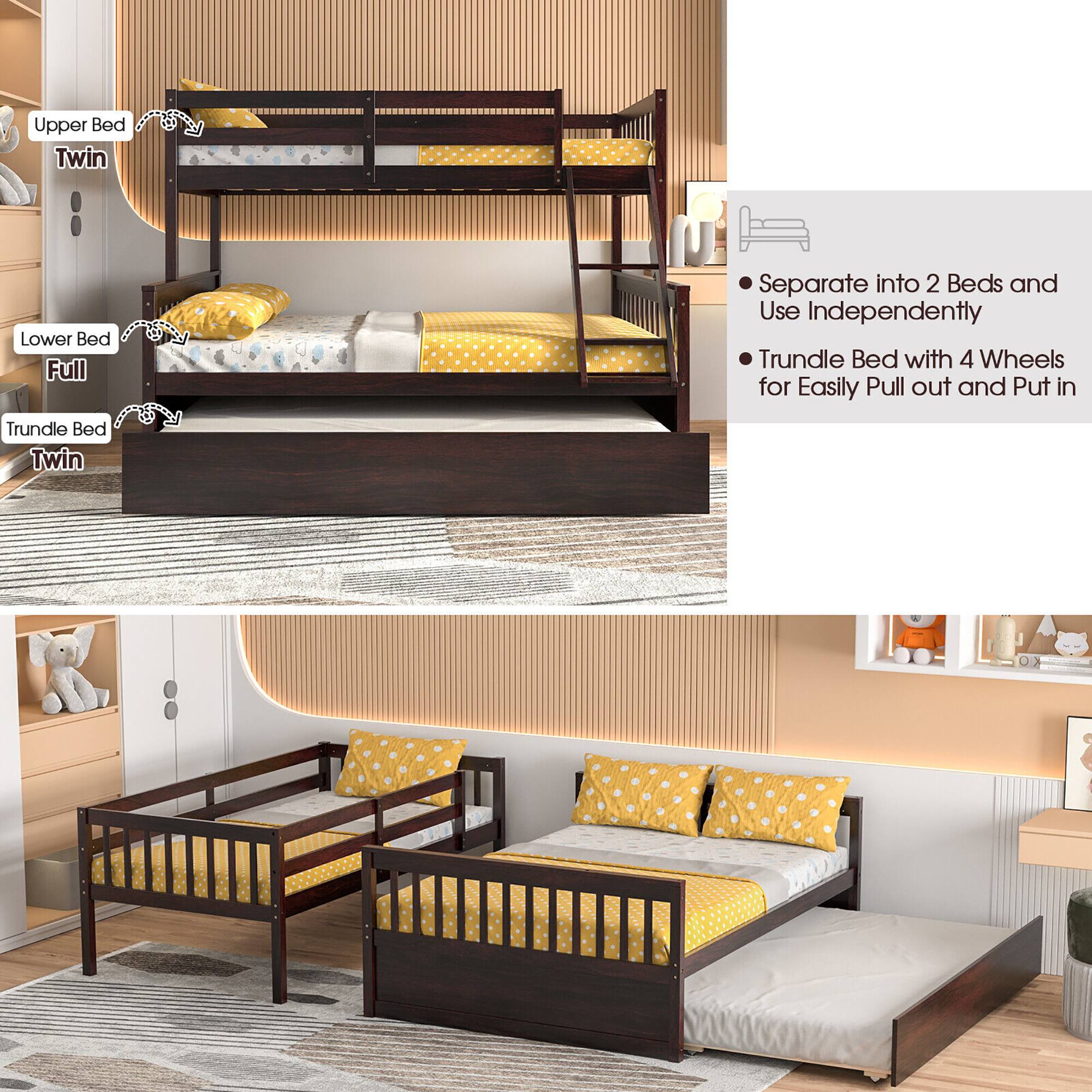 Upper Bed Twin  
Lower Bed Full  
Trundle Bed Twin  

- Separate into 2 Beds and Use Independently  
- Trundle Bed with 4 Wheels for Easily Pull out and Put in