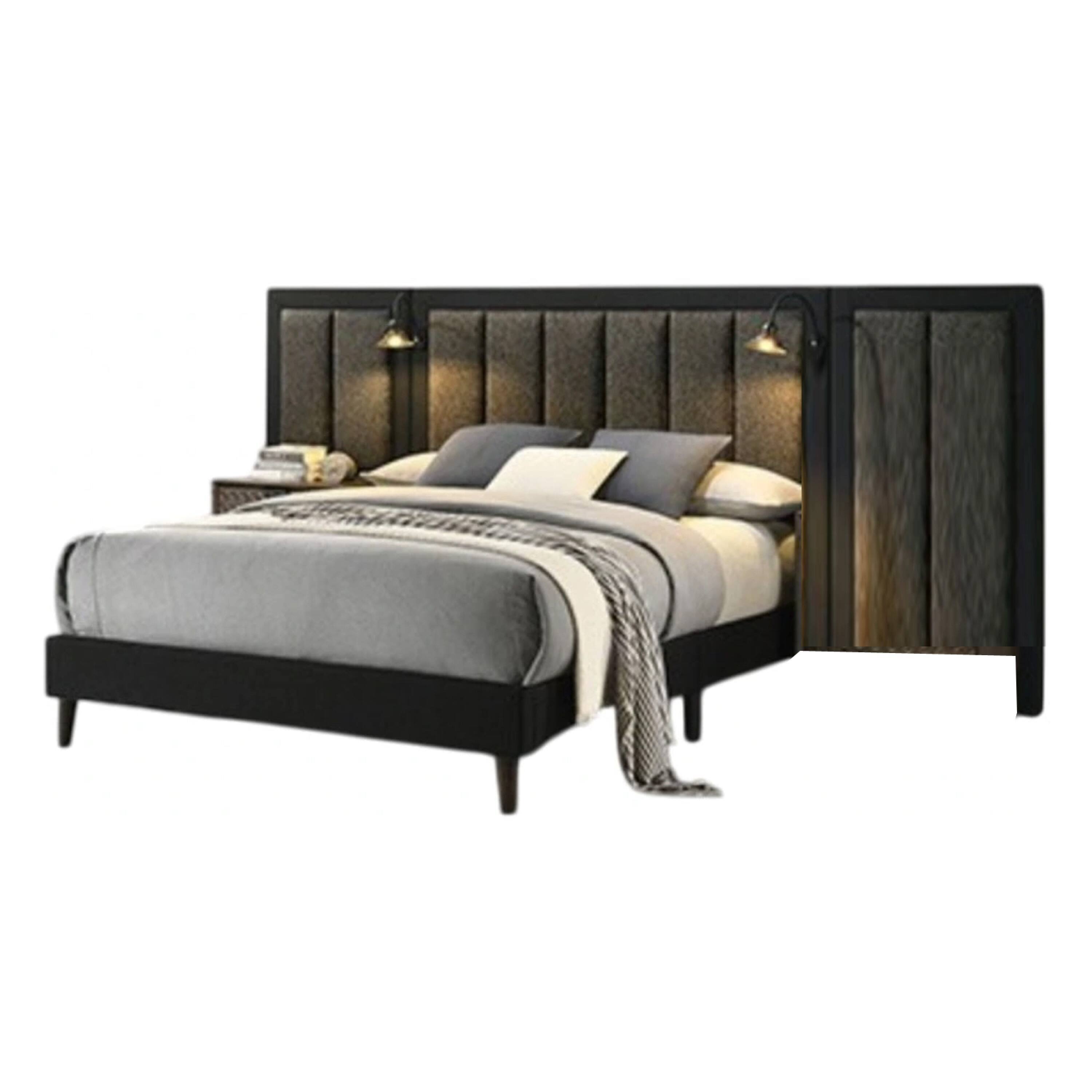 Alt View 1. Manhattan Lane - Fel Queen Size Bed, Dark Brown Wood Frame, Upholstered Headboard - Brown.