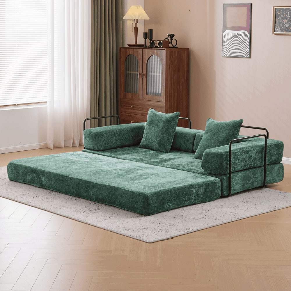Kadyn - Floor Couch Bed, Convertible Chenille Fabric Sofa with Pillow Back Support, Compression Lounge Sleeper, Dark Green - Green
