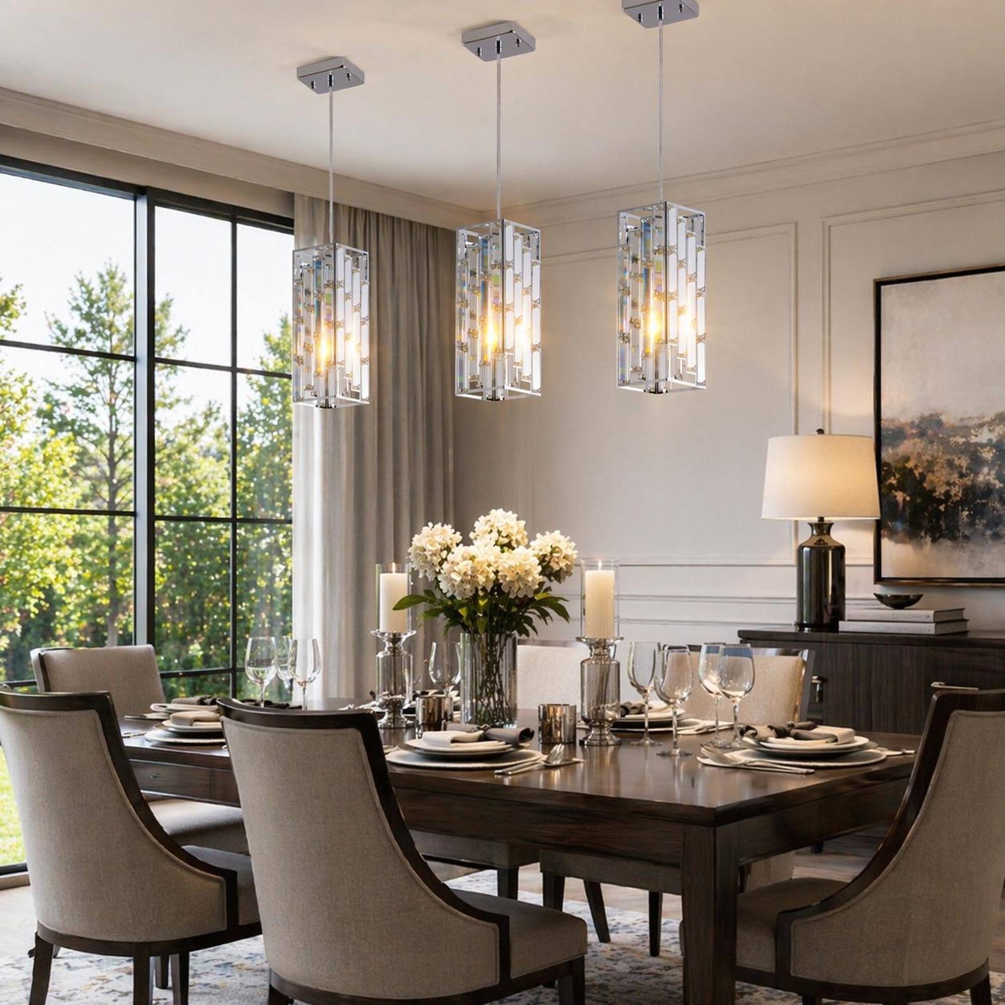 Alt View 1. RYHNUYNE - Modern 4-Inch Crystal Pendant Light 3-Pack, Chrome Finish, Adjustable Hanging Ceiling Lamps with Prism Shades.