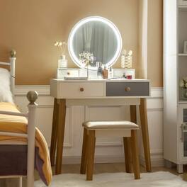 Gymax - Makeup Dressing Vanity Table Set w/ Touch Screen Dimming Mirror Stool - as pic