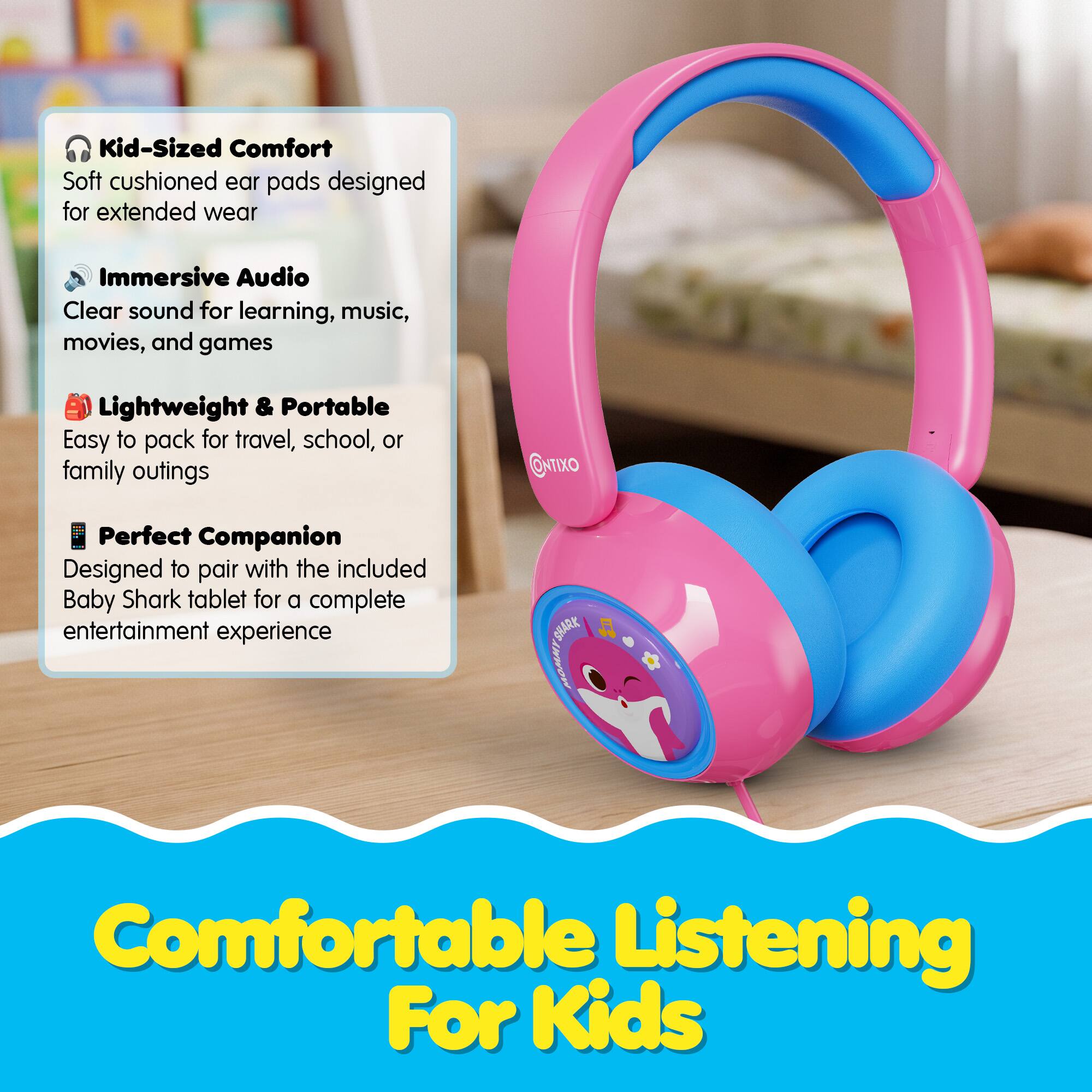 - Kid-Sized Comfort: Soft cushioned ear pads designed for extended wear
- Immersive Audio: Clear sound for learning, music, movies, and games
- Lightweight & Portable: Easy to pack for travel, school, or family outings
- Perfect Companion: Designed to pair with the included Baby Shark tablet for a complete entertainment experience
- Comfortable Listening For Kids