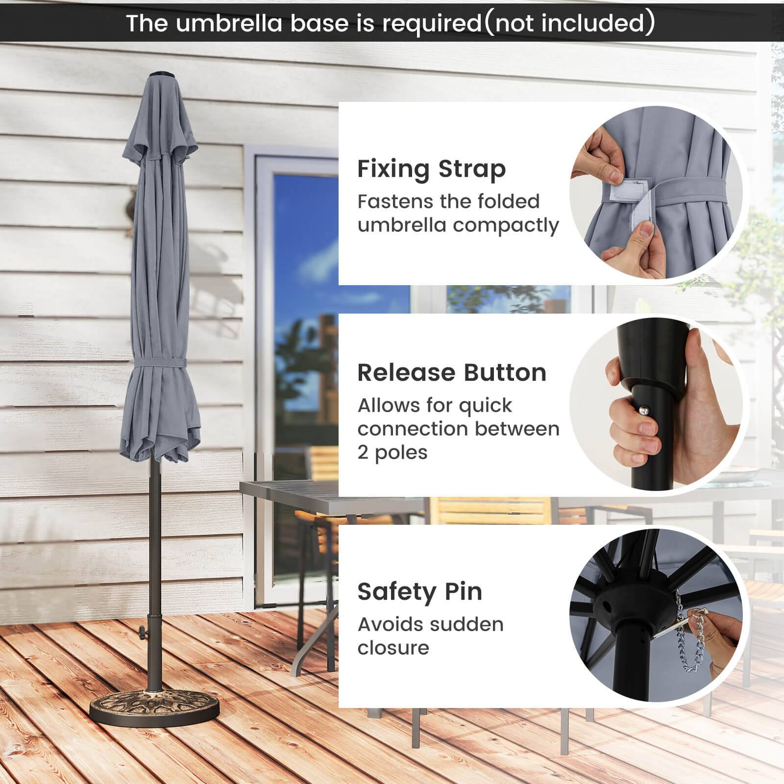 The umbrella base is required (not included)

Fixing Strap  
Fastens the folded umbrella compactly

Release Button  
Allows for quick connection between 2 poles

Safety Pin  
Avoids sudden closure