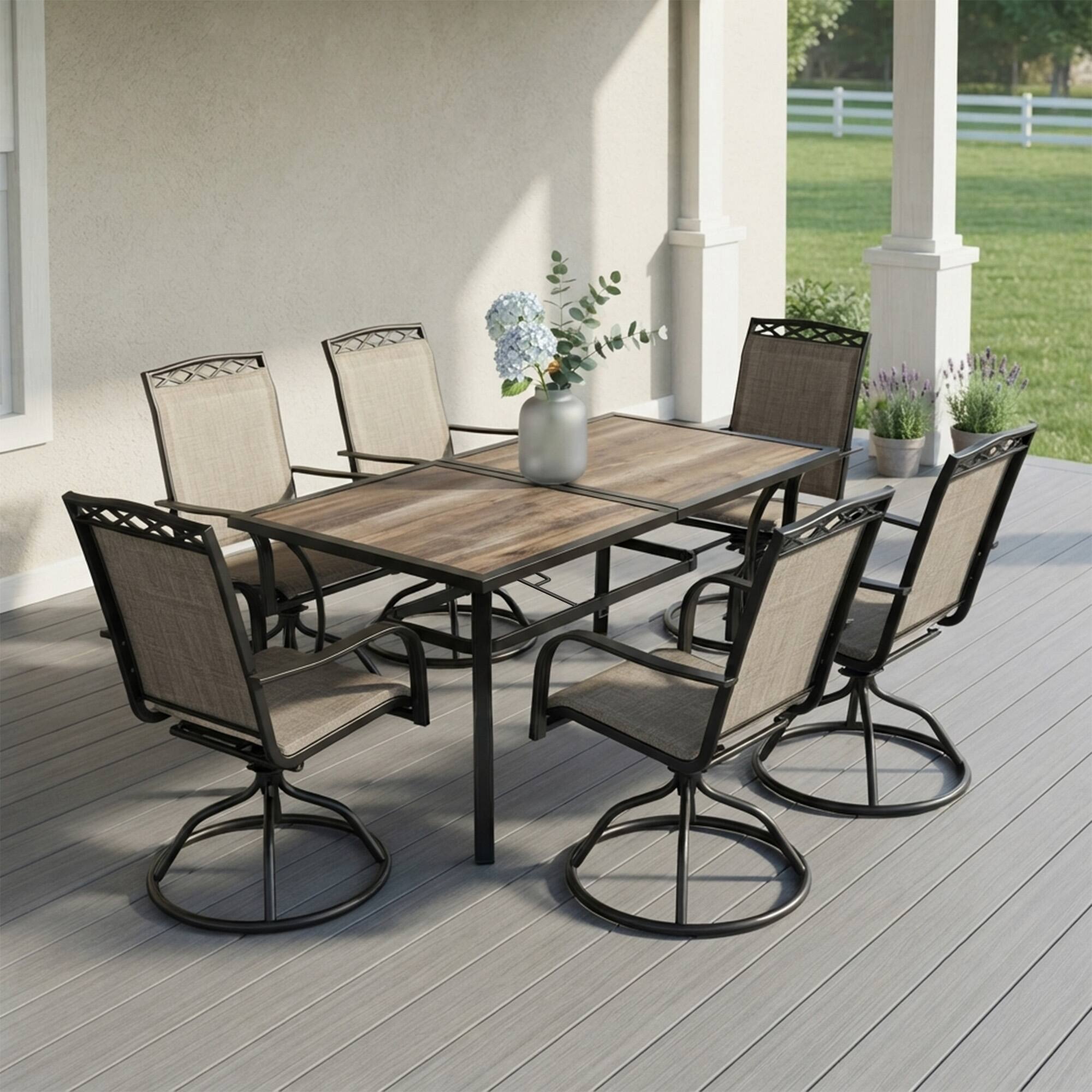 Alt View 1. Yardgrace - 7 Pieces Outdoor Patio Dining Set,with 6-Piece  Swivel Patio Rocking Chairs,1 dining table with an umbrella hole - Brown.