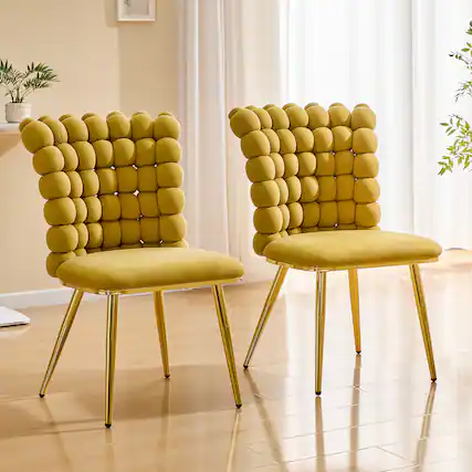 Front. Loheer - Loheer Accent Dining Chair Tufted Upholstered Vanity Chair with Gold Legs 1.6 ft - Gold,Yellow.