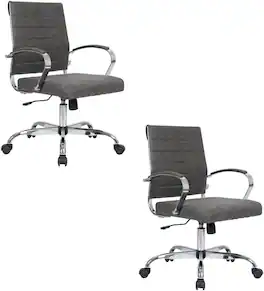 LeisureMod - Set of 2 - Benmar Modern Leather Office Desk Chair with Ribbed Seat and Steel Frame Computer Chair - Charcoal
