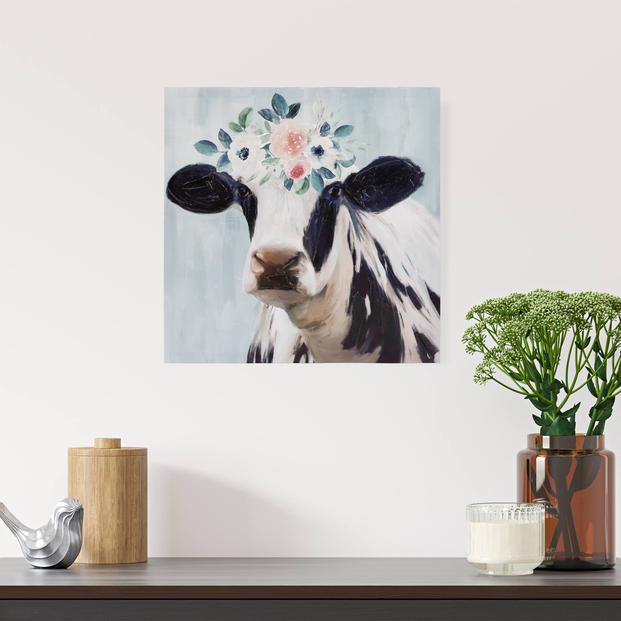 Alt View 1. Northlight - Cow with Flowers Canvas Wall Art, 17.5" x 17.5" - Black.