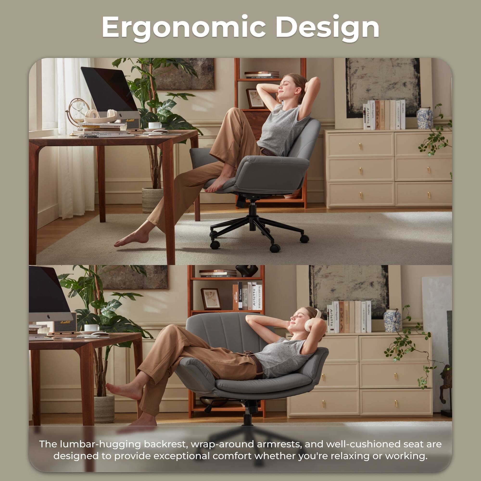 Ergonomic Design | AP Artenta

The lumbar-hugging backrest, wrap-around armrests, and well-cushioned seat are designed to provide exceptional comfort whether you're relaxing or working.