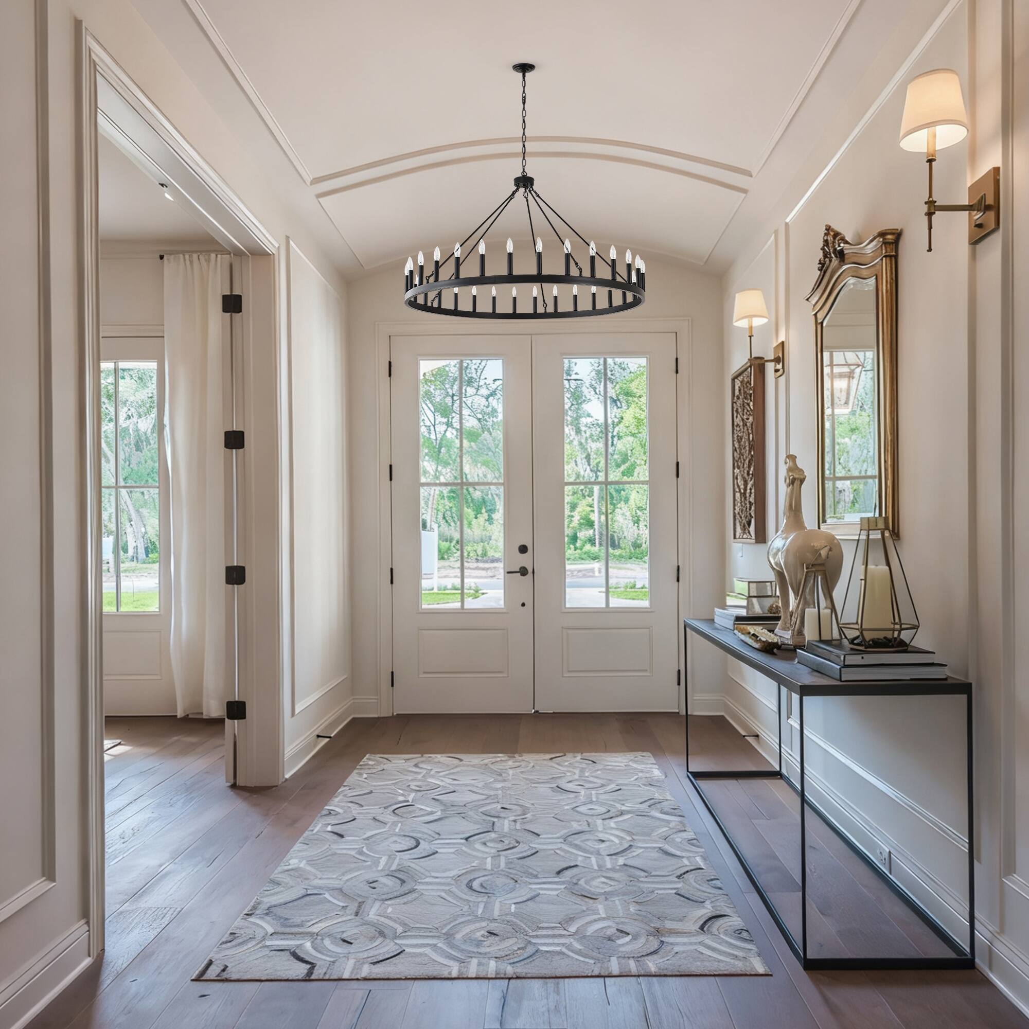 Back. RYHNUYNE - 53 Inch Large Black Farmhouse Wagon Wheel Chandelier 30-Light Industrial Rustic Pendant Light Fixture for High Ceiling - Black.