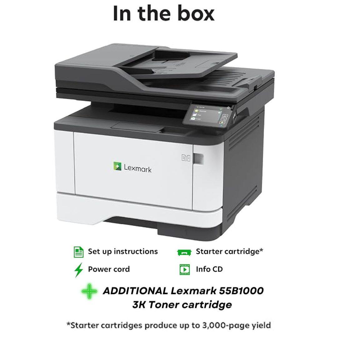 In the box

Lexmark

Set up instructions

Starter cartridge*

Power cord

Info CD

ADDITIONAL Lexmark 55B1000 3K Toner cartridge

*Starter cartridges produce up to 3,000-page yield