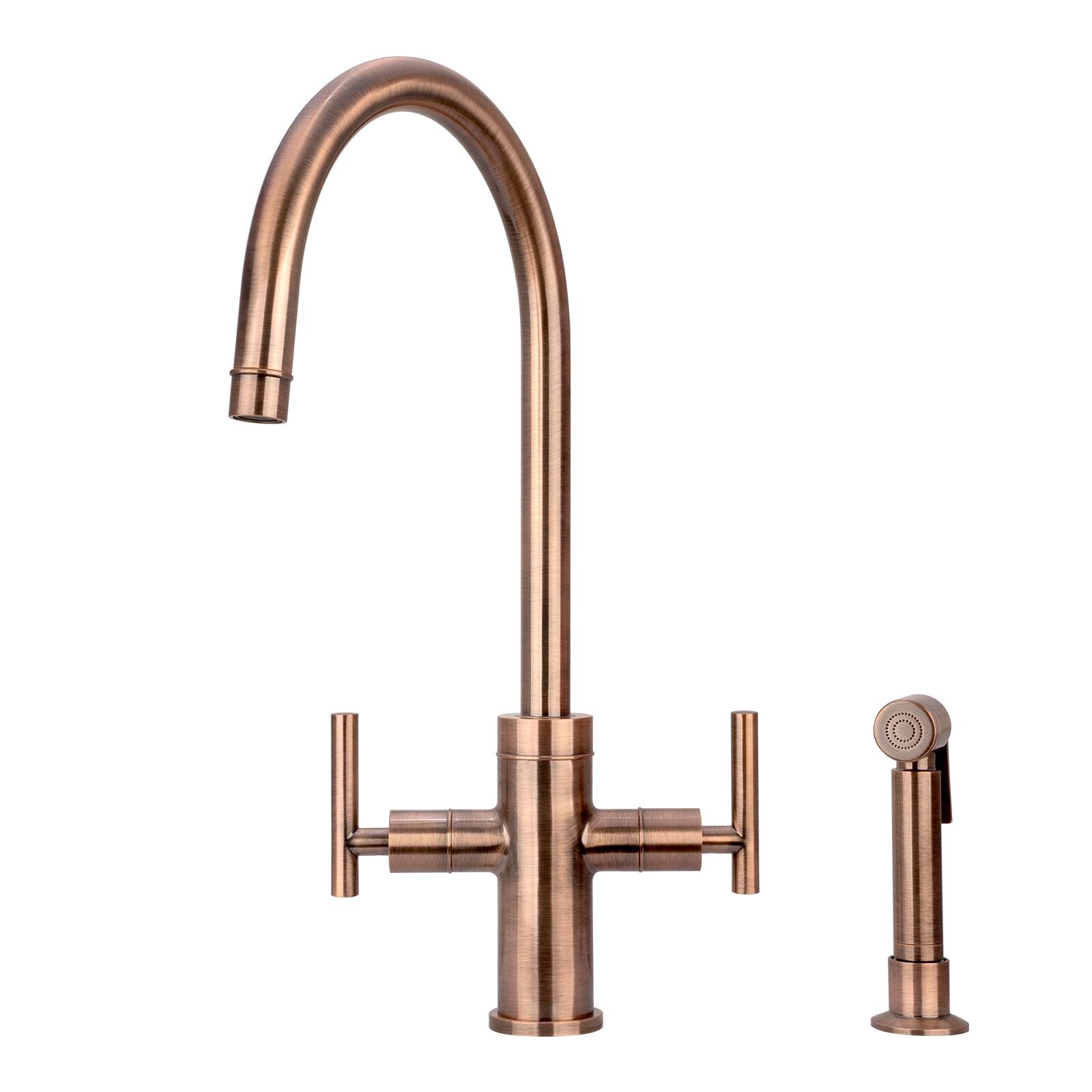 Front. Akicon - Akicon Two-Handles 360° Swivel Widespread Kitchen Faucet with Side Sprayer in Antique Copper - Antique Copper.