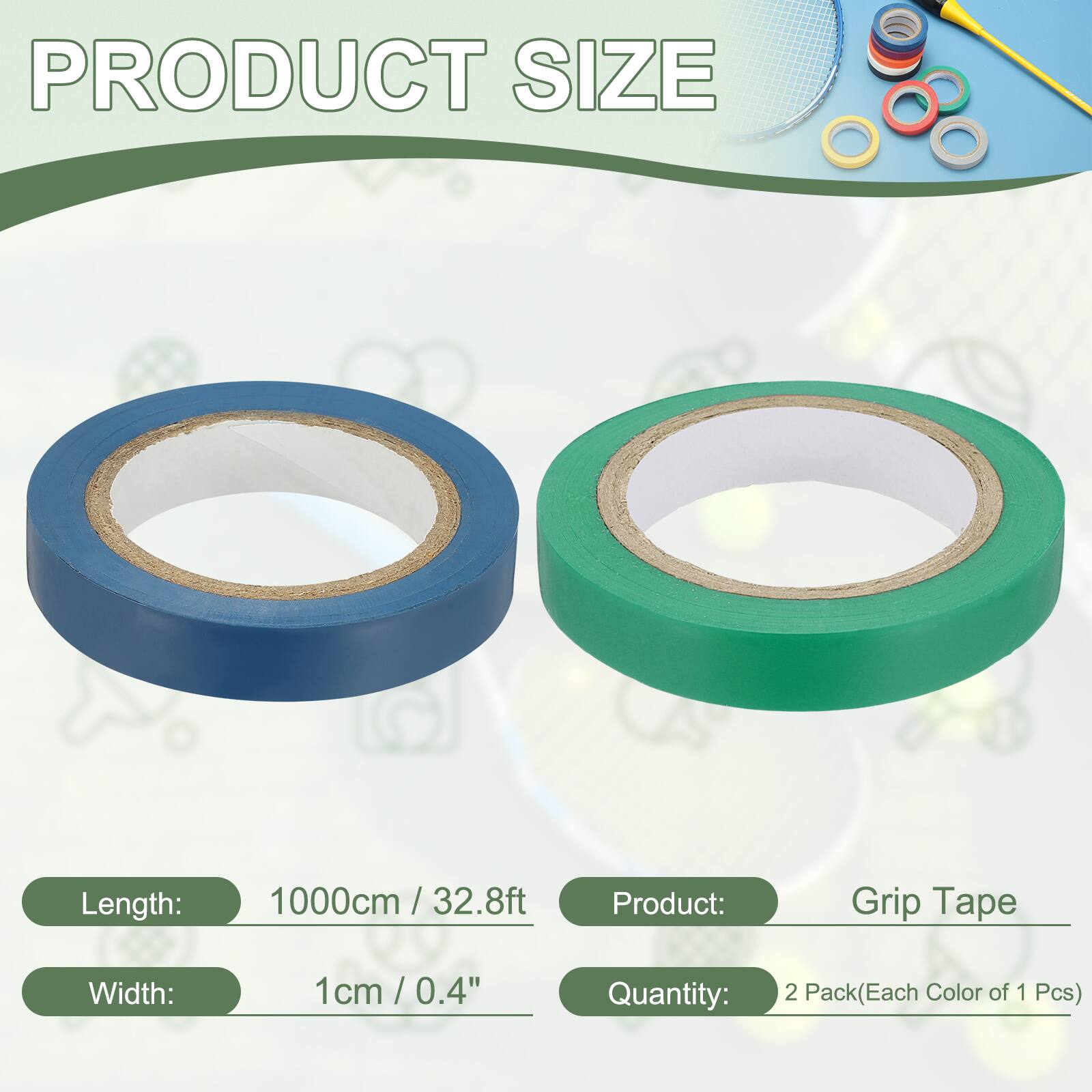 PRODUCT SIZE

Length: 1000cm / 32.8ft  
Width: 1cm / 0.4"  
Product: Grip Tape  
Quantity: 2 Pack (Each Color of 1 Pcs)