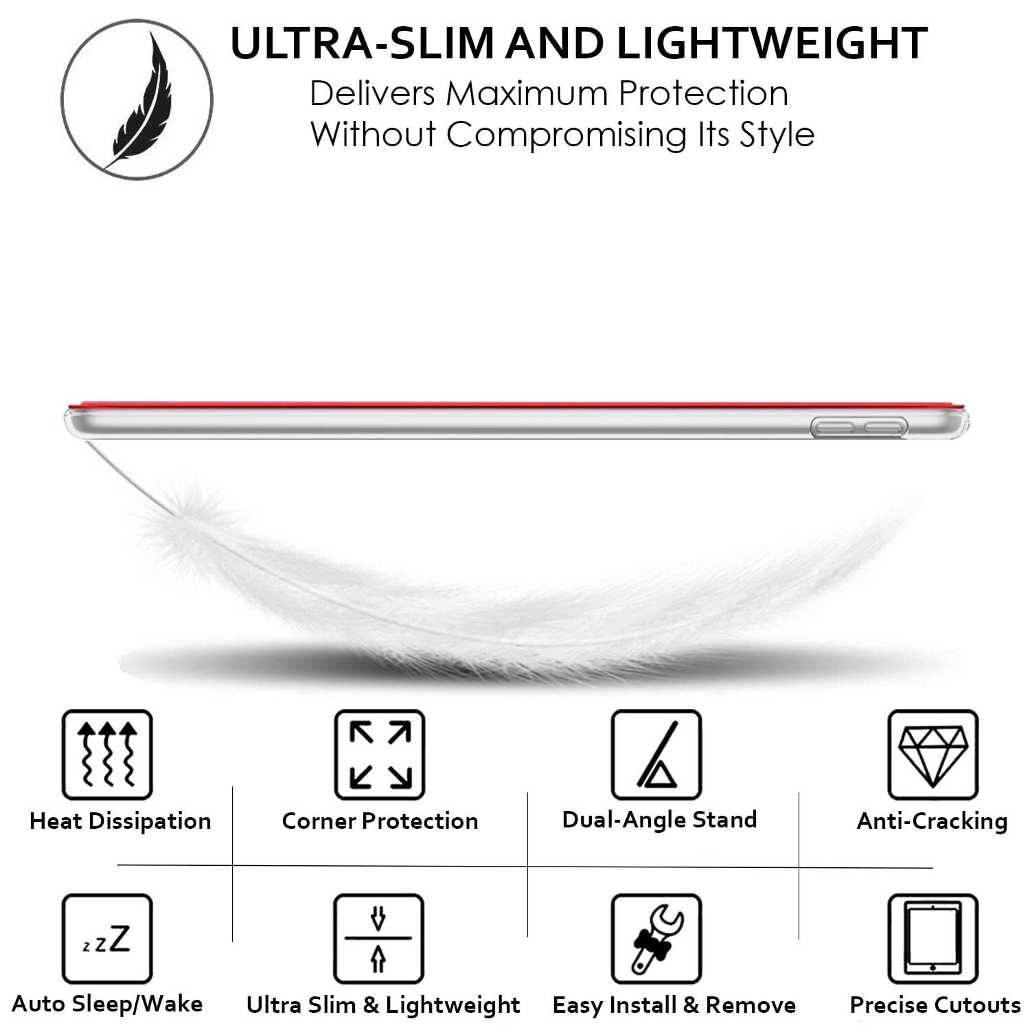 ULTRA-SLIM AND LIGHTWEIGHT  
Delivers Maximum Protection Without Compromising Its Style

- Heat Dissipation
- Corner Protection
- Dual-Angle Stand
- Anti-Cracking
- Auto Sleep/Wake
- Ultra Slim & Lightweight
- Easy Install & Remove
- Precise Cutouts