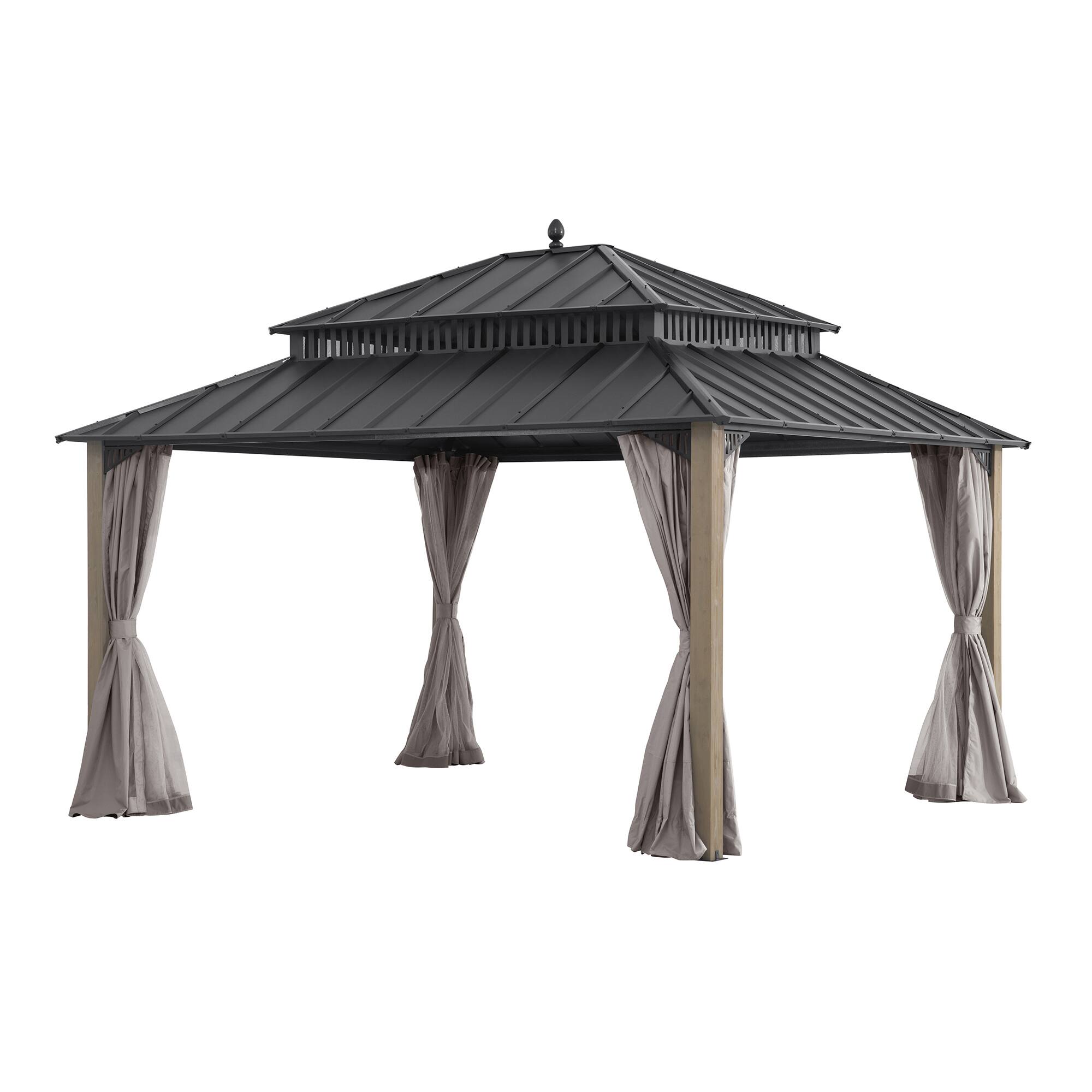 Angle. SUNJOY - SUNJOY Kingston 14x12 Gazebo, Steel Hardtop Gazebo with Curtain and Netting - Cedar Posts - Black.