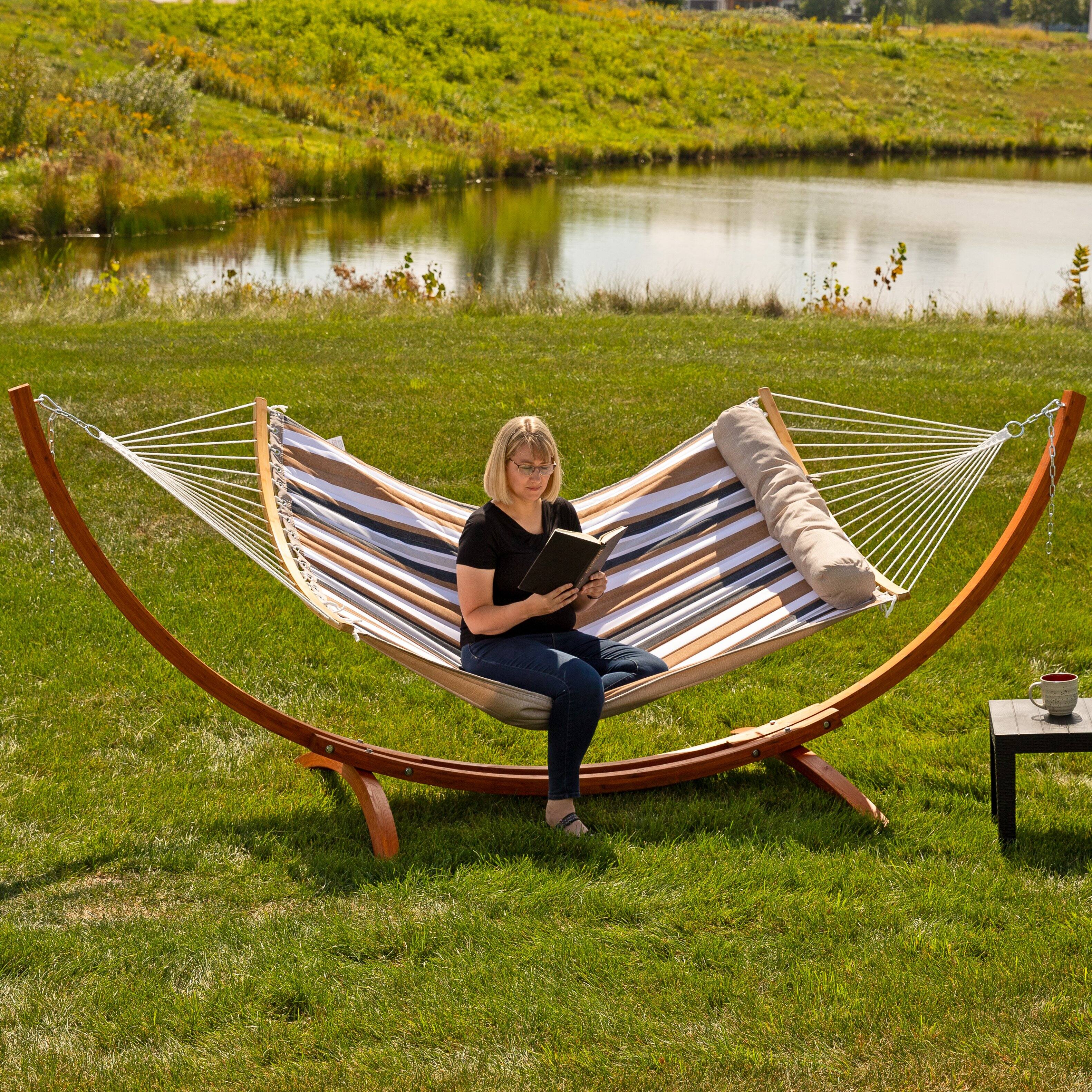 Alt View 9. Sunnydaze - Quilted Hammock with Curved Spreader Bar - Calming Desert.