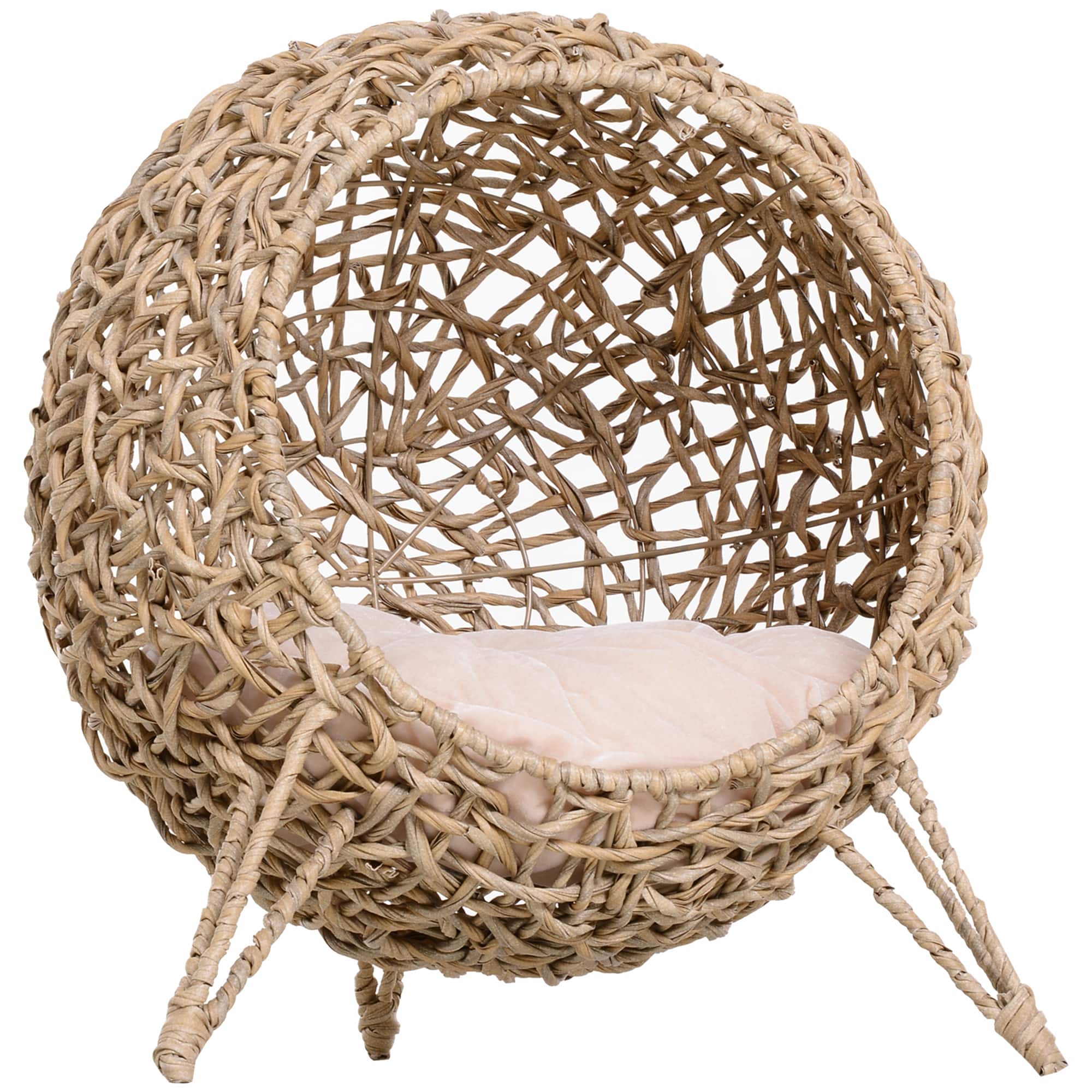 Siljoy - 20.5" Hand‑Woven Banana Leaf Cat Bed, Elevated Egg Chair with Cushion & Tripod Base - Beige