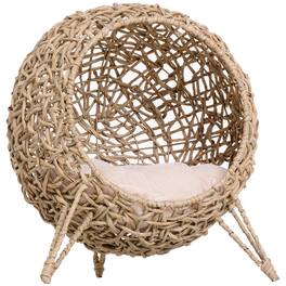 Siljoy - 20.5" Hand‑Woven Banana Leaf Cat Bed, Elevated Egg Chair with Cushion & Tripod Base - Beige