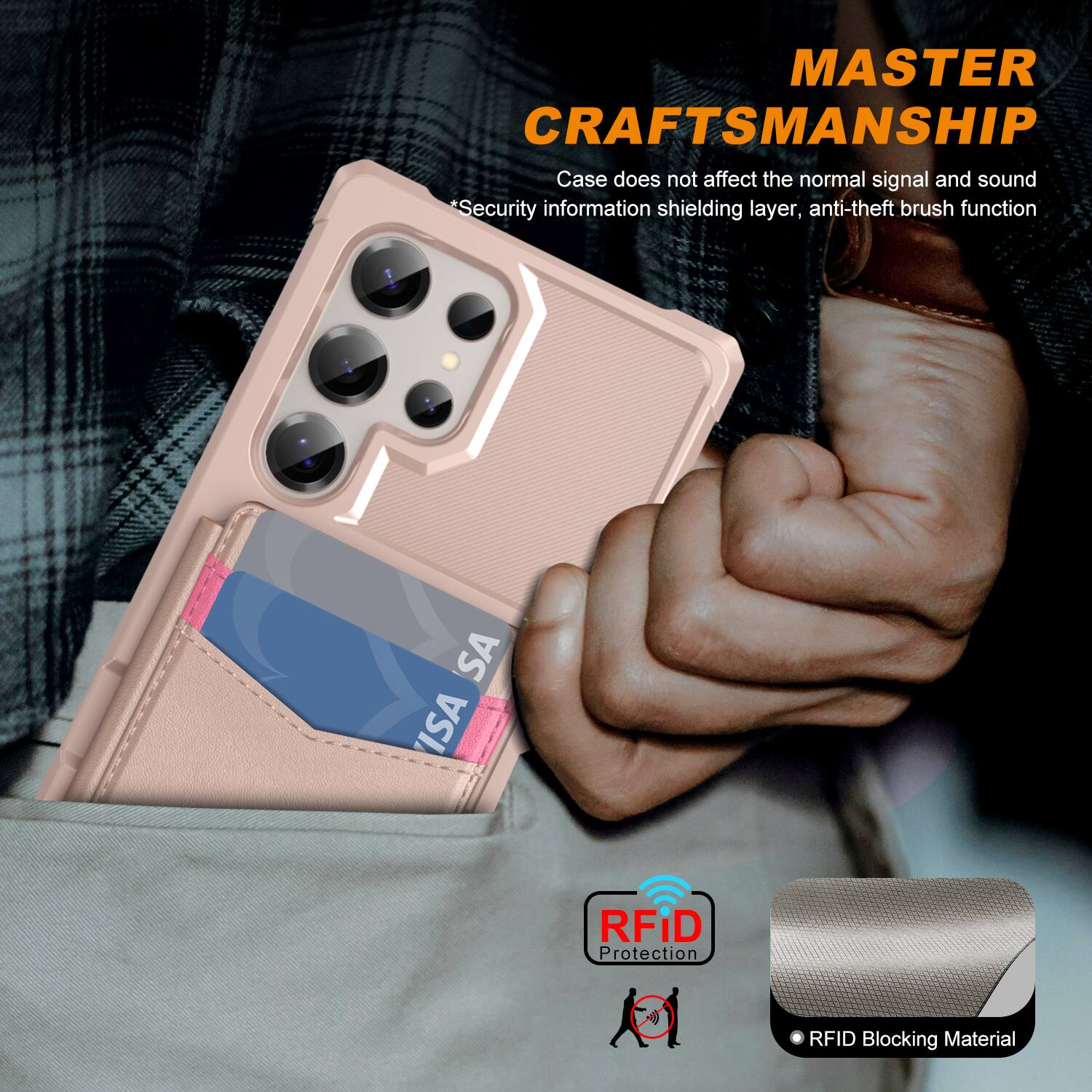 MASTER CRAFTSMANSHIP  
Case does not affect the normal signal and sound  
*Security information shielding layer, anti-theft brush function  
SA ISA RFID Protection  
RFID Blocking Material