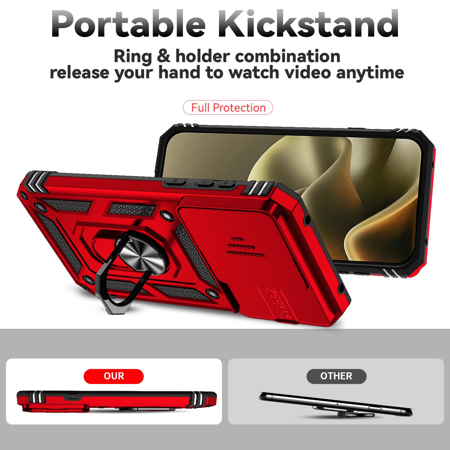 Portable Kickstand  
Ring & holder combination release your hand to watch video anytime  
Full Protection  

OUR  
OTHER