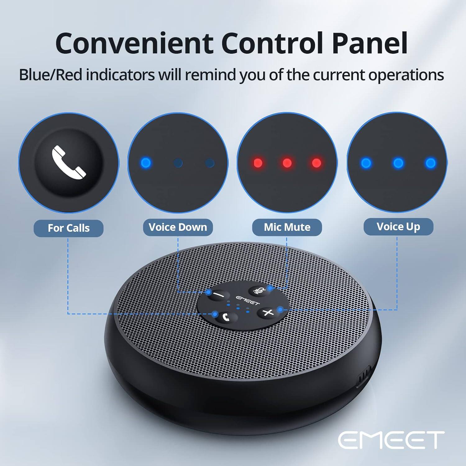 Convenient Control Panel

Blue/Red indicators will remind you of the current operations

- For Calls
- Voice Down
- Mic Mute
- Voice Up

EMEET