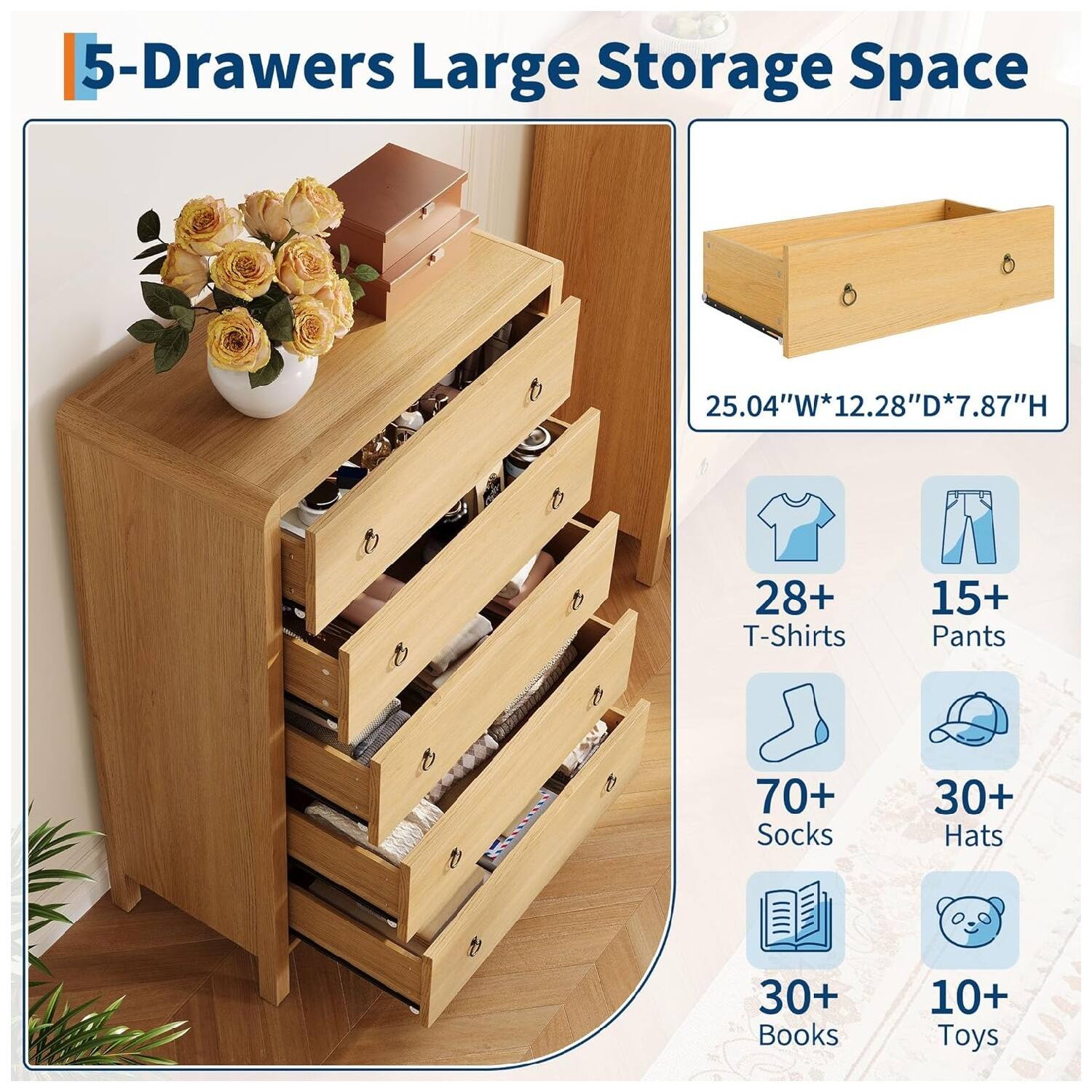 5-Drawers Large Storage Space  
25.04"W*12.28"D*7.87"H  
28+ T-Shirts  
15+ Pants  
70+ Socks  
30+ Hats  
30+ Books  
10+ Toys