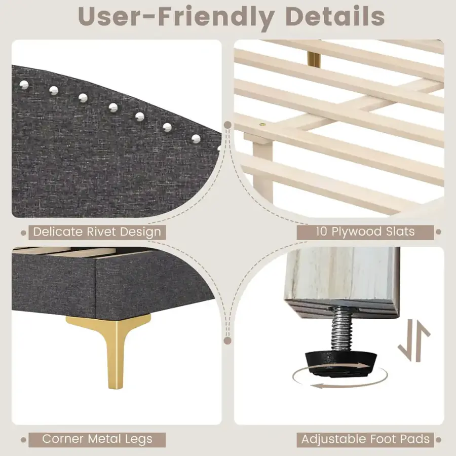 User-Friendly Details:

1. Delicate Rivet Design
2. 10 Plywood Slats
3. Corner Metal Legs
4. Adjustable Foot Pads