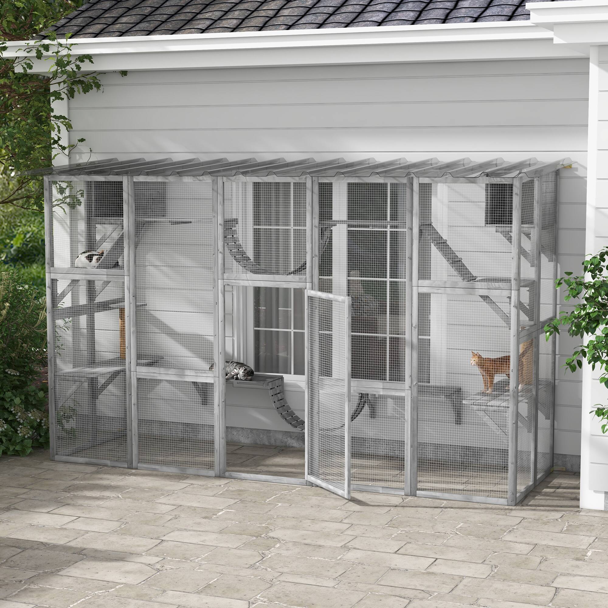 Angle. Pawhut - Catio Outdoor Window Enclosure, for Multiple Kitties, Wooden Frame, Shelves & Bridges, 118"x37.5"x74".