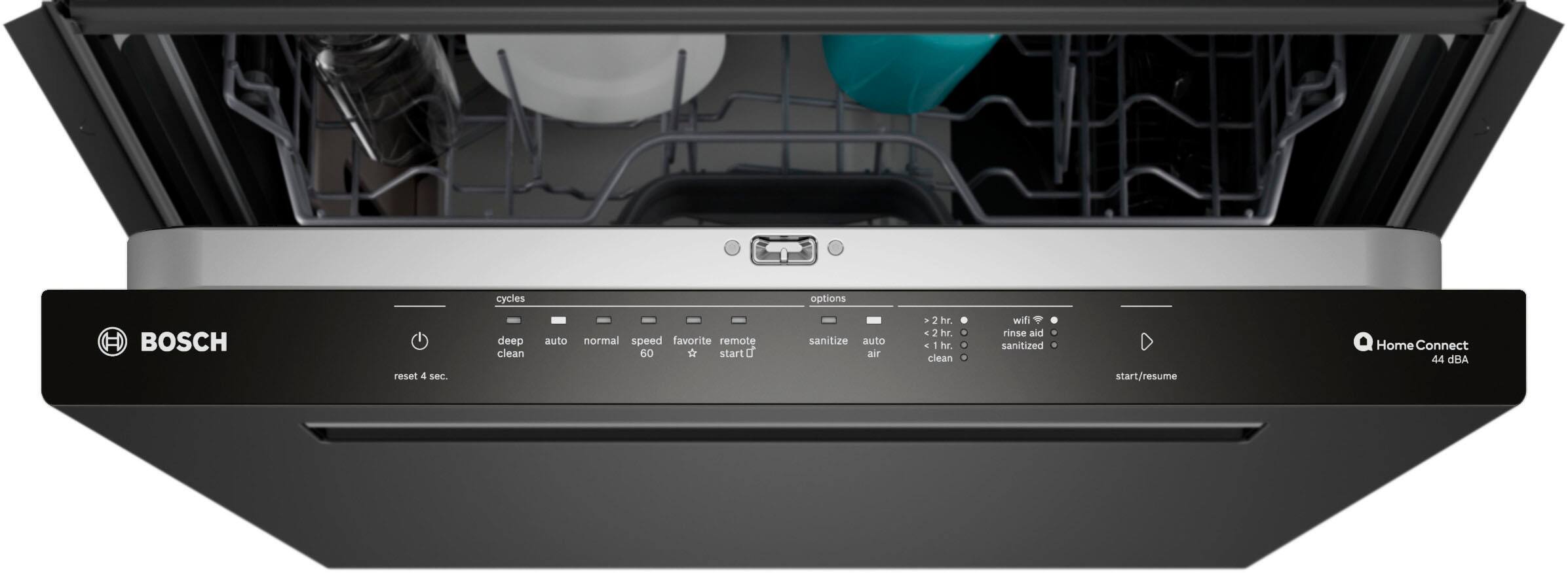 The text on the image reads: "Cycles options H BOSCH reset 4 sec. deep clean auto normal speed favorite remote 60 * start sanitize auto air . 2 hr. 2 hr. . 1 hr. clean wilti rinse aid sanitized start/resume Home Connect 44 dBA." This text appears to be a description of the various features and functions of a dishwasher, including options for cleaning cycles, sanitizing, and the use of a remote control. The text also mentions the Bosch brand and the noise level of the dishwasher.